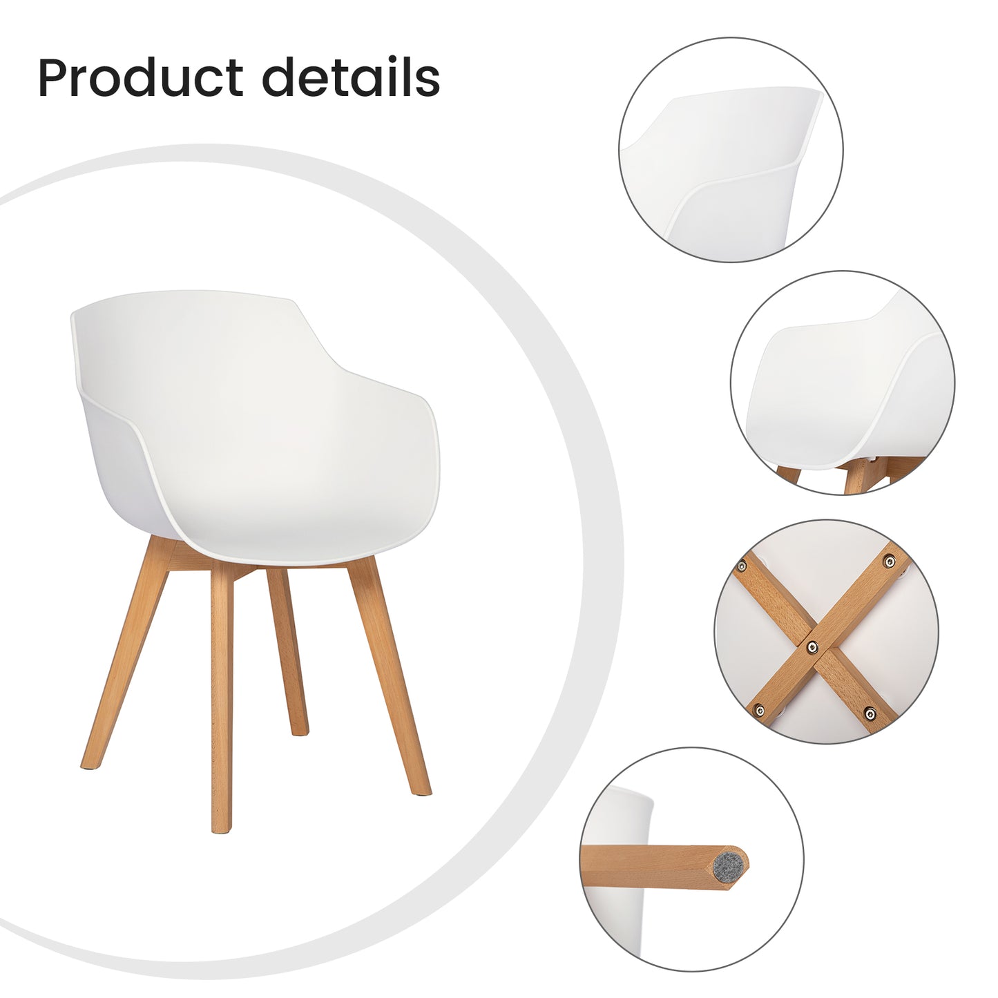 CLOVER Moderne PP Plastic Shell Stoel Fauteuil met Beuken Poten Set van 2/4 - Zwart/Wit/Grijs