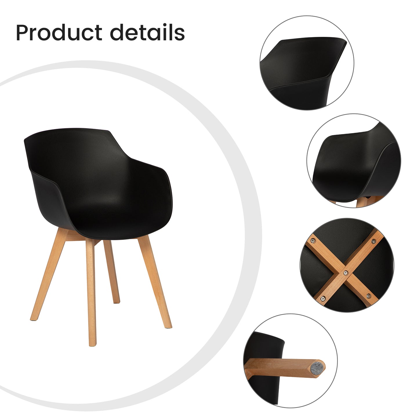 CLOVER Moderne PP Plastic Shell Stoel Fauteuil met Beuken Poten Set van 2/4 - Zwart/Wit/Grijs