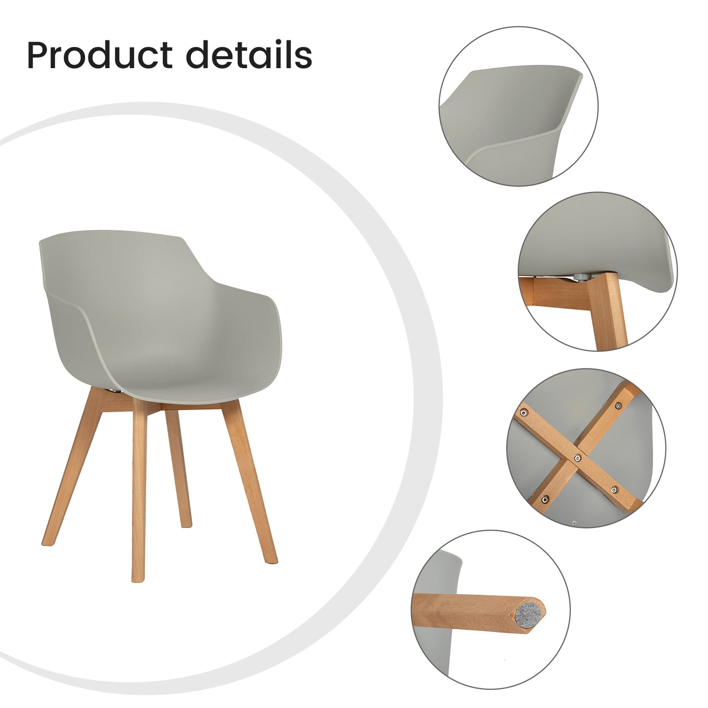 CLOVER Moderne PP Plastic Shell Stoel Fauteuil met Beuken Poten Set van 2/4 - Zwart/Wit/Grijs