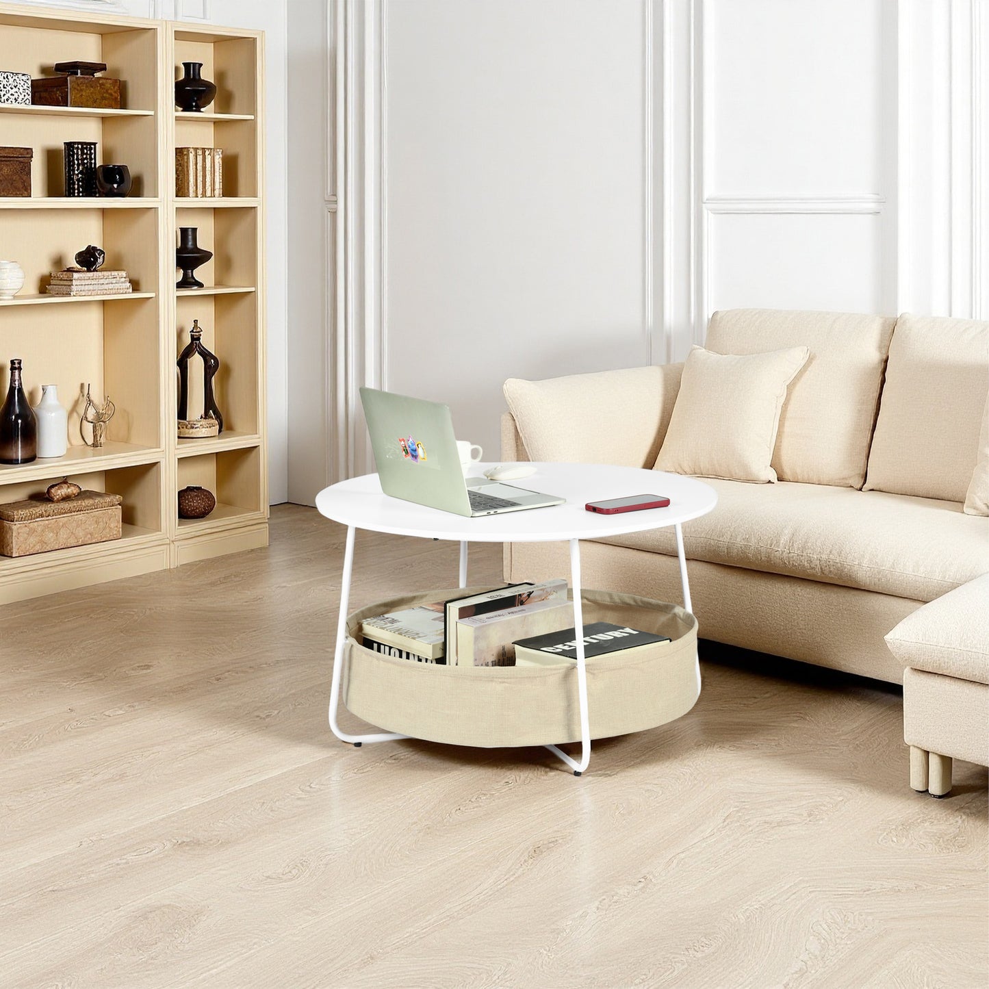 DOYLE Moderne ronde salontafel met opbergmand - wit