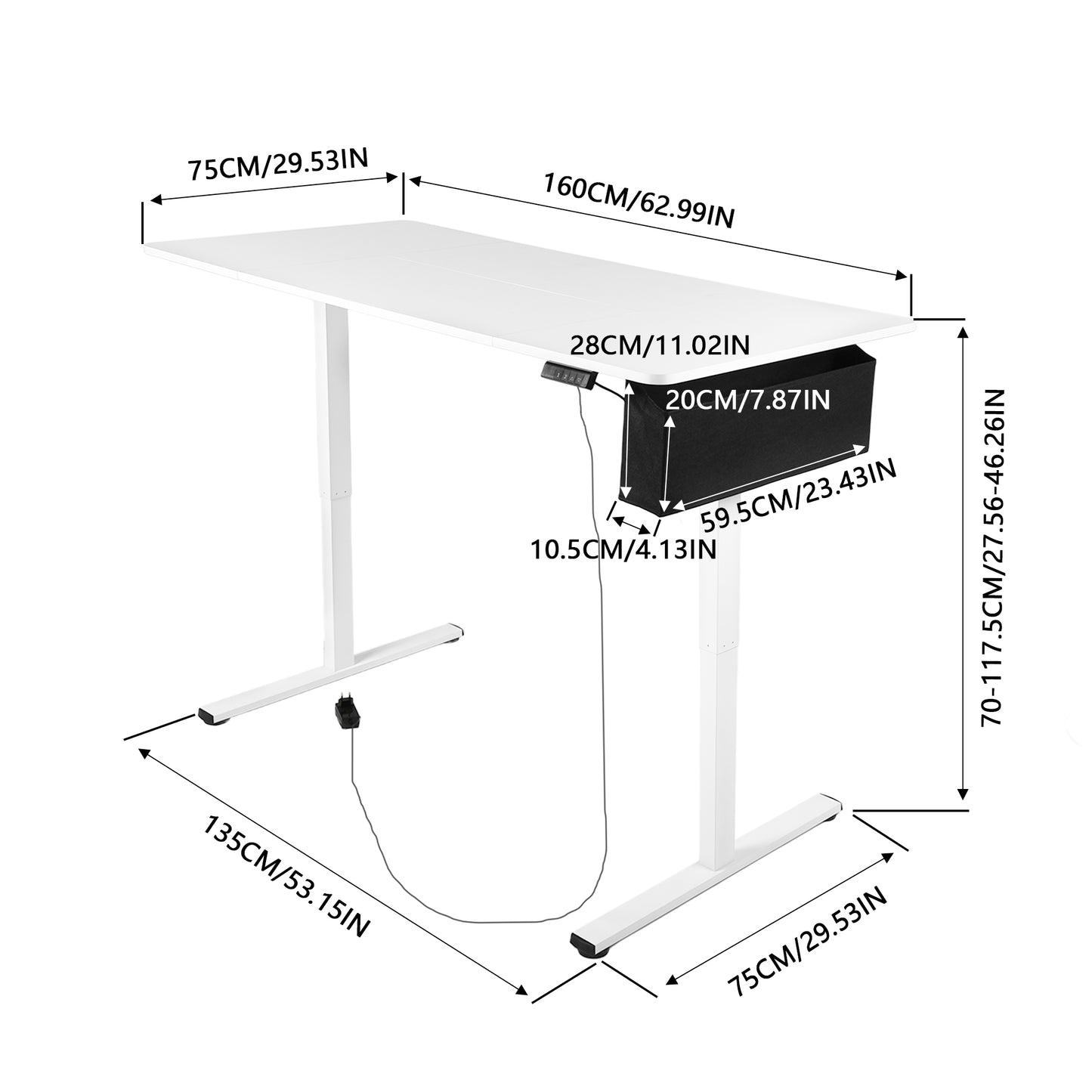 Elektrisch in hoogte verstelbaar bureau 160 x 75 cm, wit- DUMONT