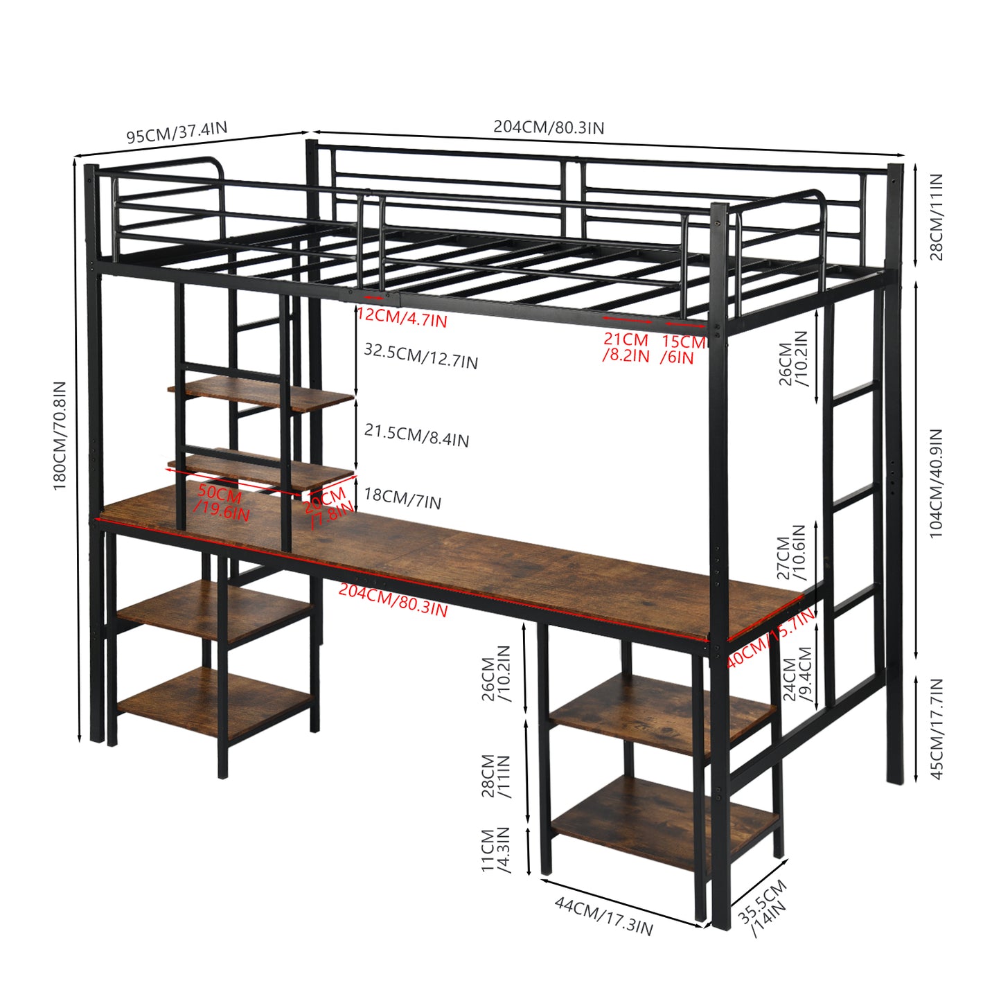 Twin Loft Bed met Bureau en Boekenplank - Zwart - ESOFEA