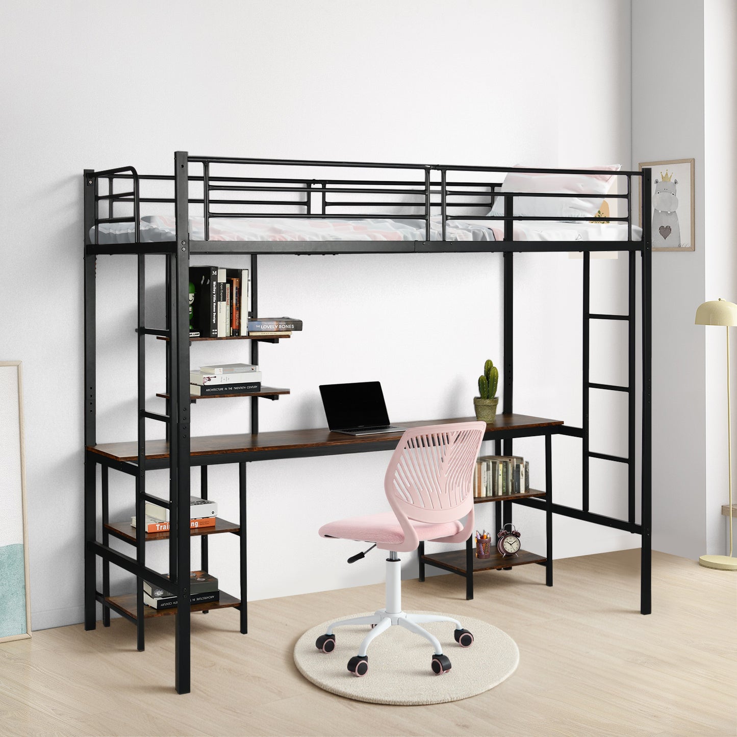 Twin Loft Bed met Bureau en Boekenplank - Zwart - ESOFEA