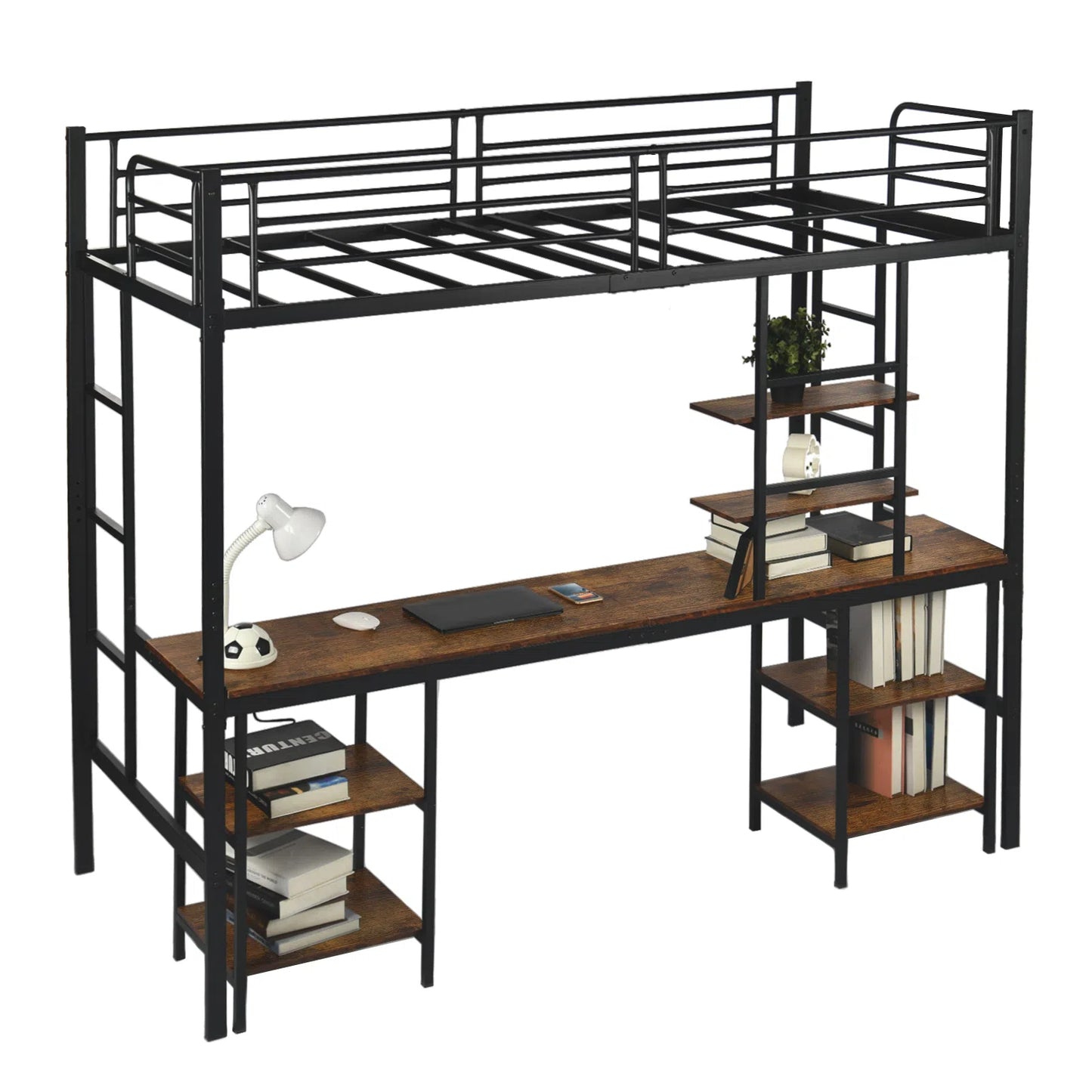 Twin Loft Bed met Bureau en Boekenplank - Zwart - ESOFEA