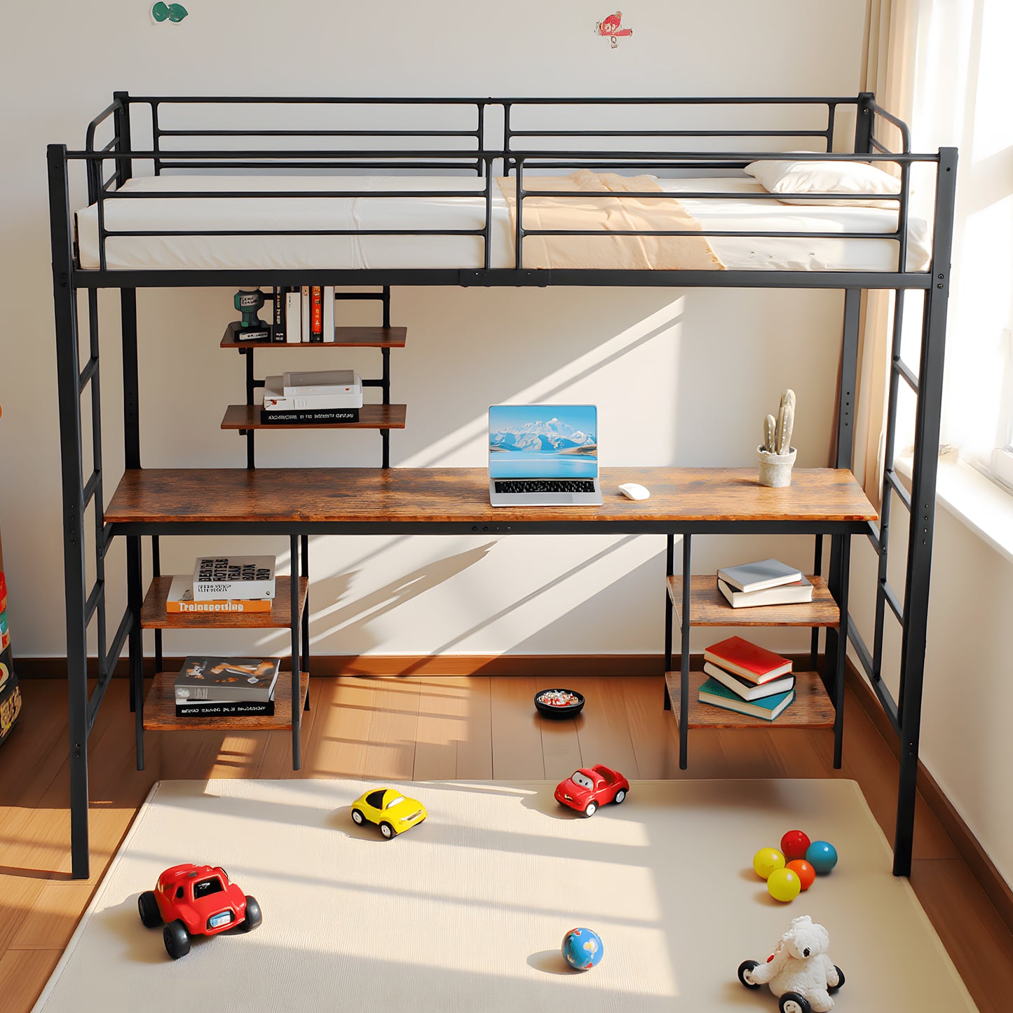 Twin Loft Bed met Bureau en Boekenplank - Zwart - ESOFEA