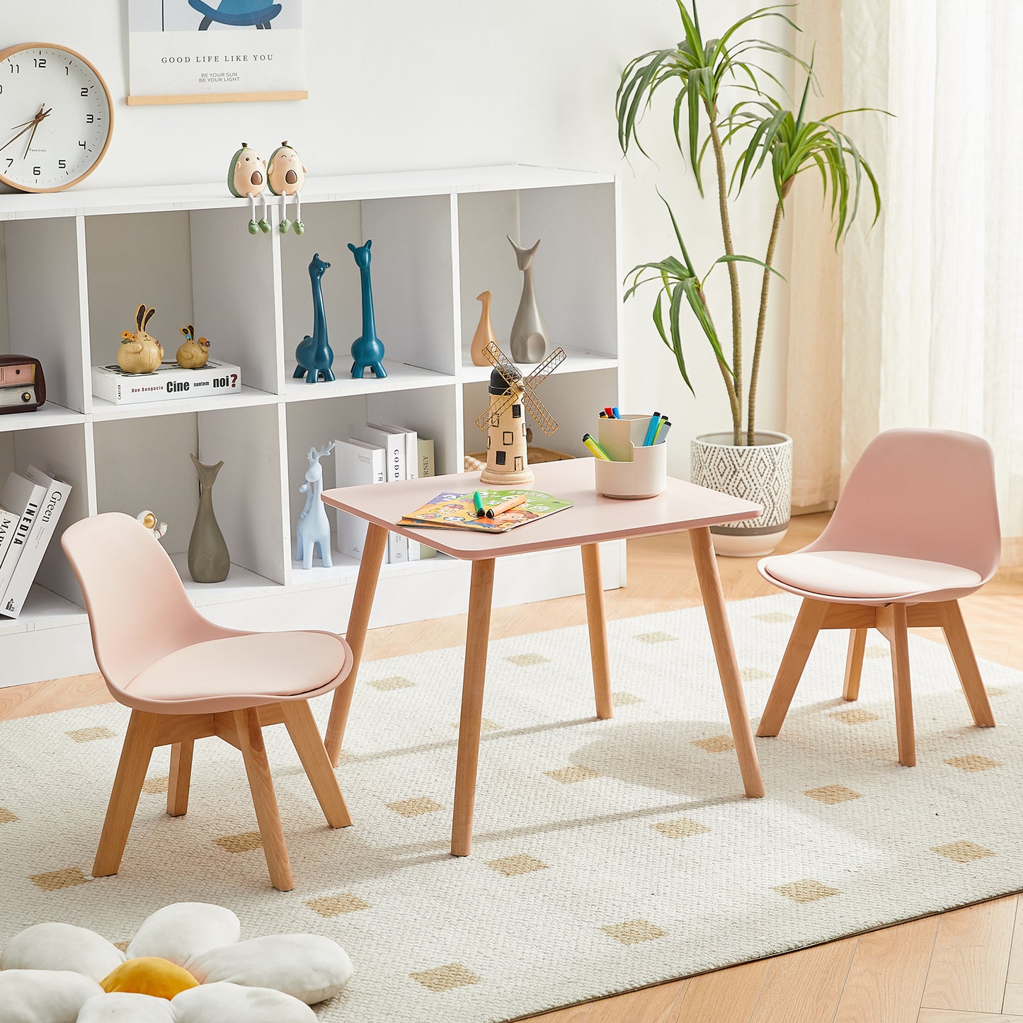 GRAND Kinder eetkamerstoel met beukenhouten poten, set van 2 - Roze/Wit