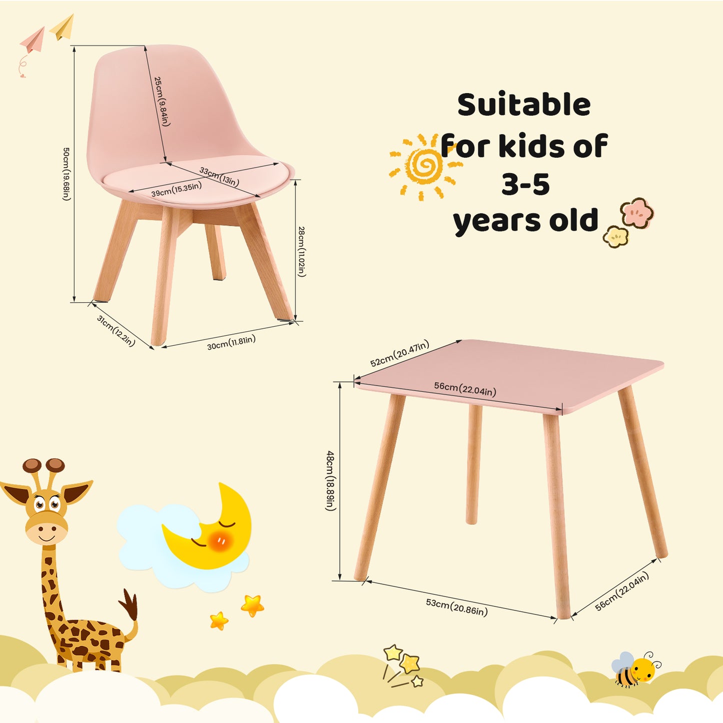 AUBURN Kindertafels en -Stoelen zijn Geschikt voor Kinderen van 3 tot 5 Jaar Oud - Roze/Wit