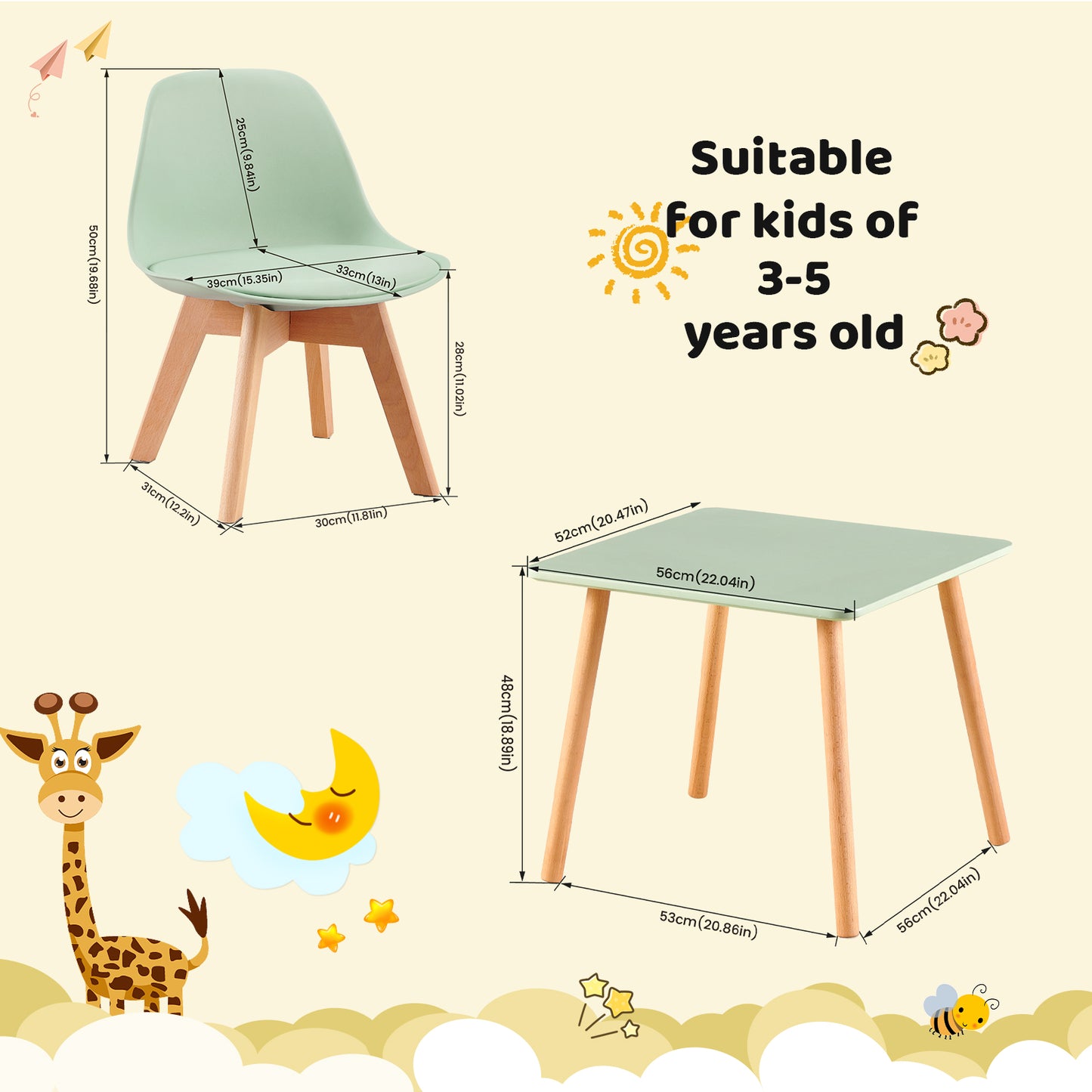 AUBURN Kindertafels en -Stoelen Zijn Geschikt voor Kinderen van 3 tot 5 Jaar - IJsgroen