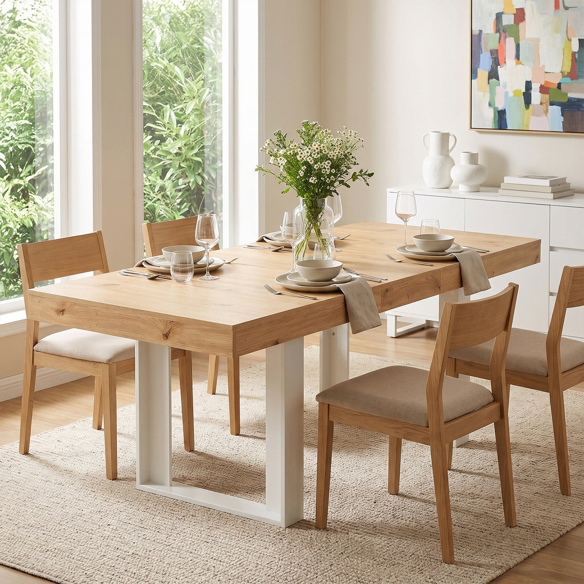 Uitschuifbare rechthoekige eettafel, 160-200 cm lang - Hout en wit
