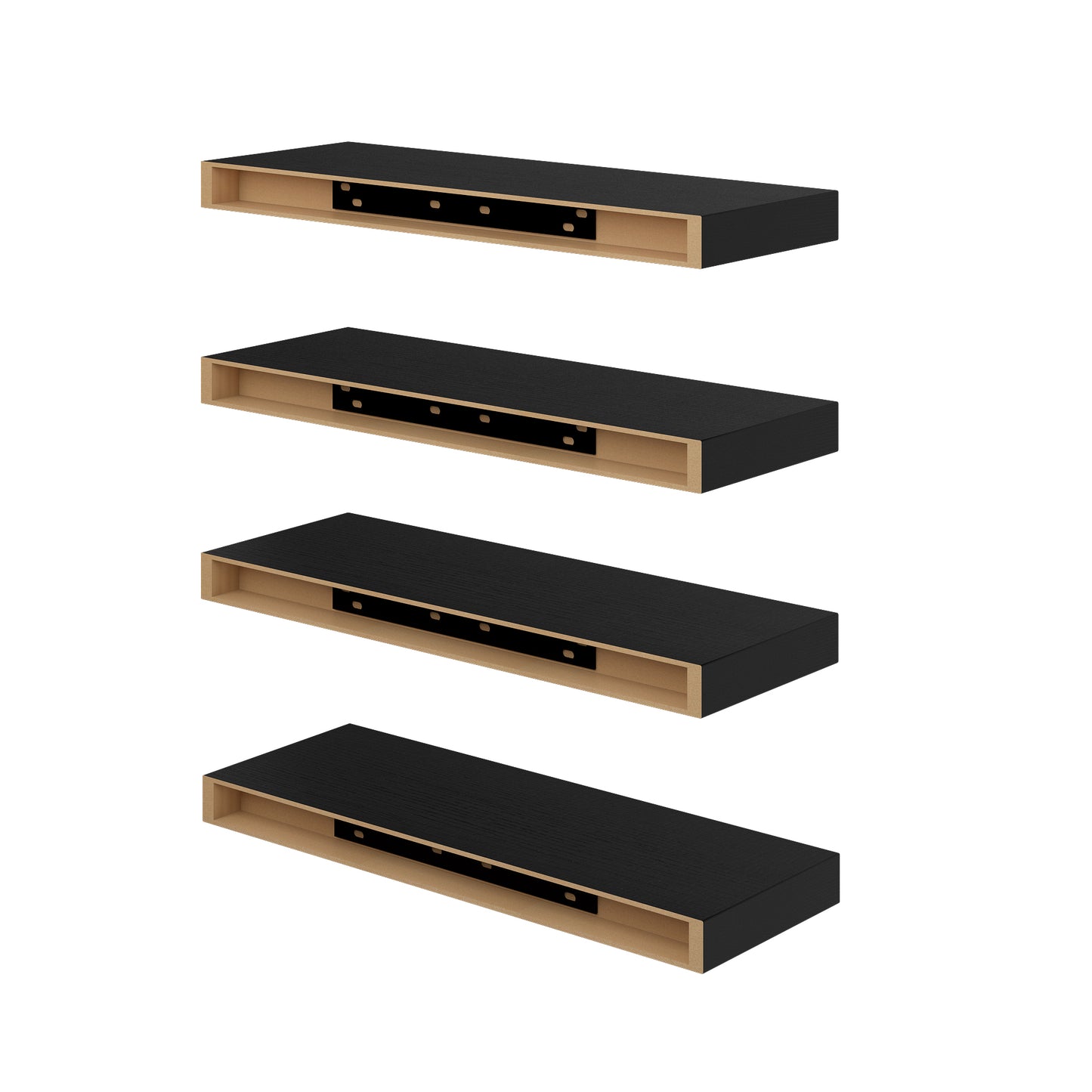 Zwevende Wandplanken, set van 4, Wandplanken Voor Slaapkamer, Woonkamer, Keuken - Zwart/Wit/Vuurkleur