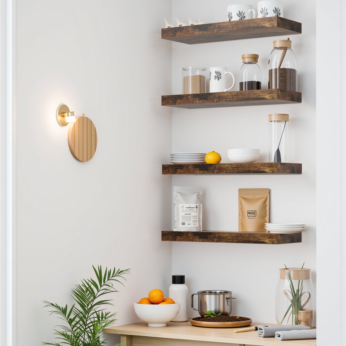 Zwevende Wandplanken, set van 4, Wandplanken Voor Slaapkamer, Woonkamer, Keuken - Zwart/Wit/Vuurkleur