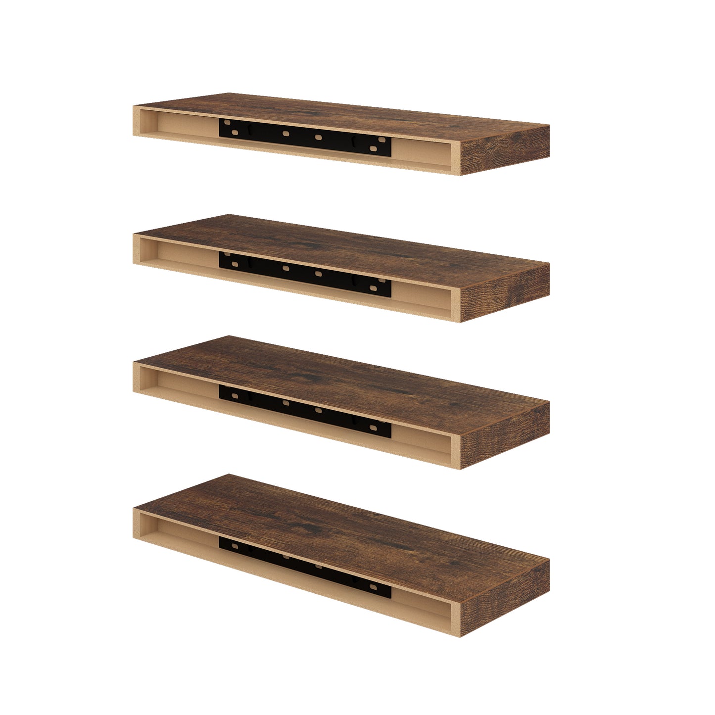 Zwevende Wandplanken, set van 4, Wandplanken Voor Slaapkamer, Woonkamer, Keuken - Zwart/Wit/Vuurkleur