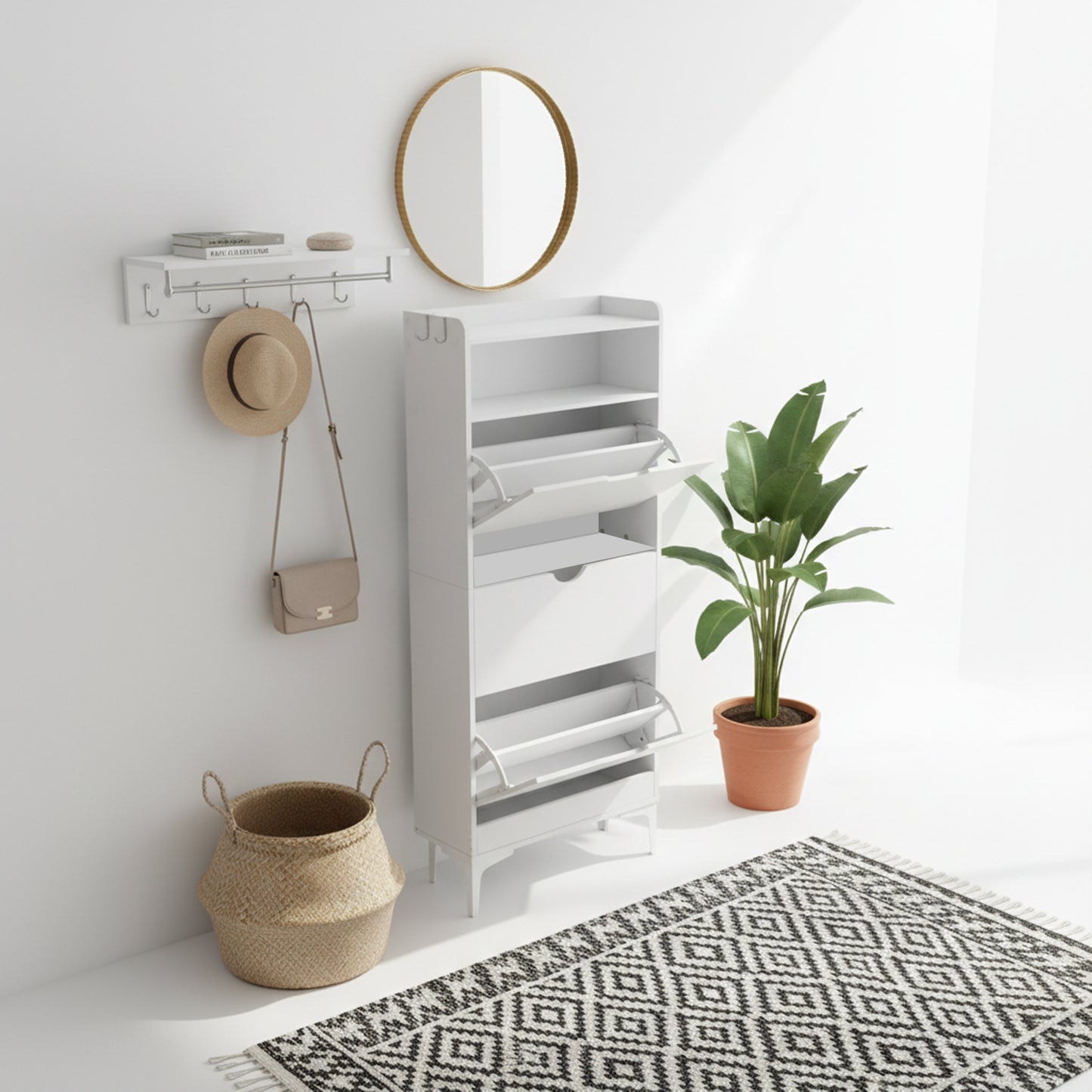 MELVIN Schoenenkast met 3 kleppen, schoenenrek 60 x 159,3 cm - MDF wit