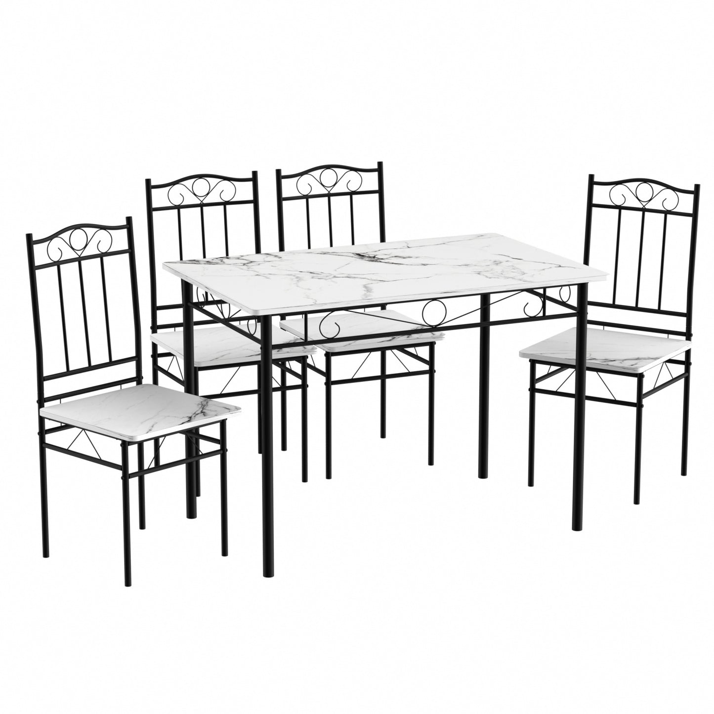 NORSEMAN Marmertafel en 4 stoelenset - Wit/Zwart/Lichtbruin