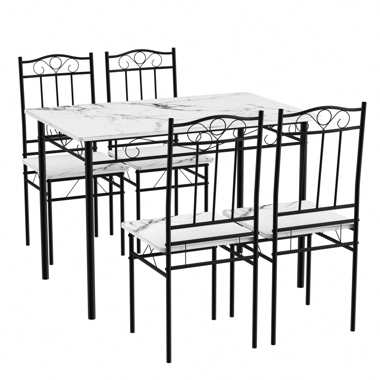 NORSEMAN Marmertafel en 4 stoelenset - Wit/Zwart/Lichtbruin