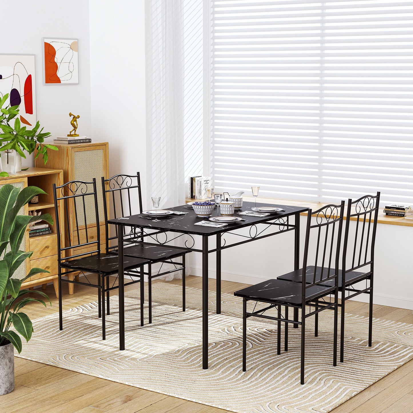 NORSEMAN Marmertafel en 4 stoelenset - Wit/Zwart/Lichtbruin