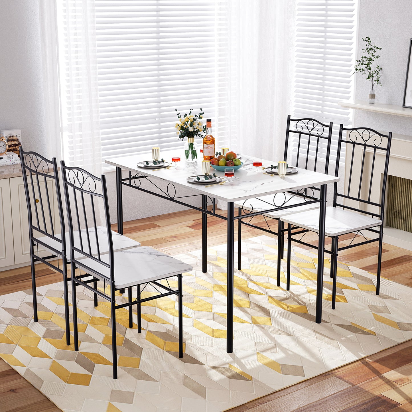 NORSEMAN Marmertafel en 4 stoelenset - Wit/Zwart/Lichtbruin