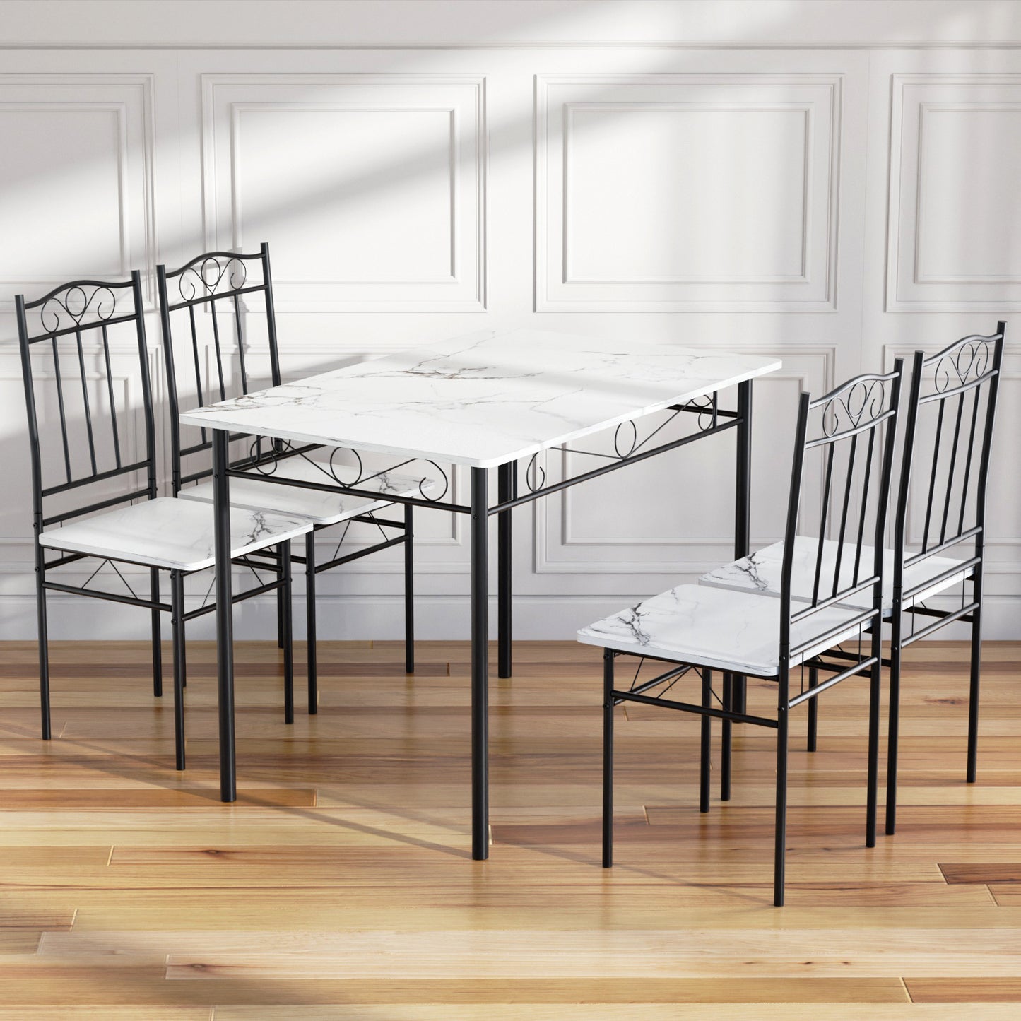 NORSEMAN Marmertafel en 4 stoelenset - Wit/Zwart/Lichtbruin