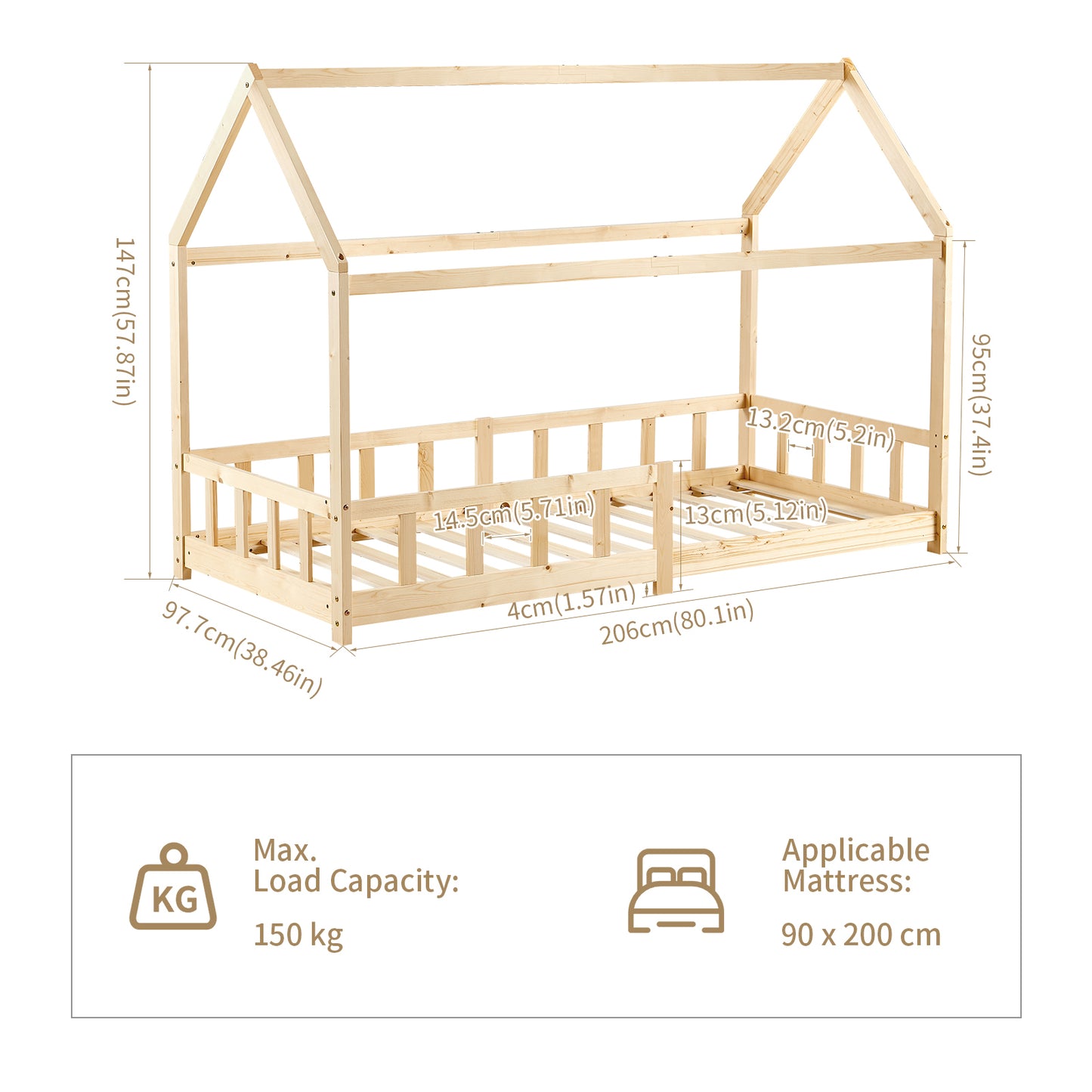 Kinderbed Eenpersoonsbed met Houten Vloer - Hout/Wit - PINEY