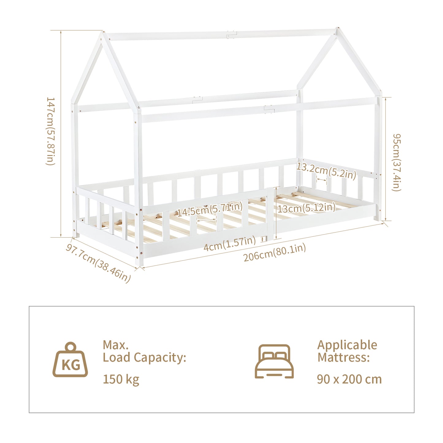 Kinderbed Eenpersoonsbed met Houten Vloer - Hout/Wit - PINEY