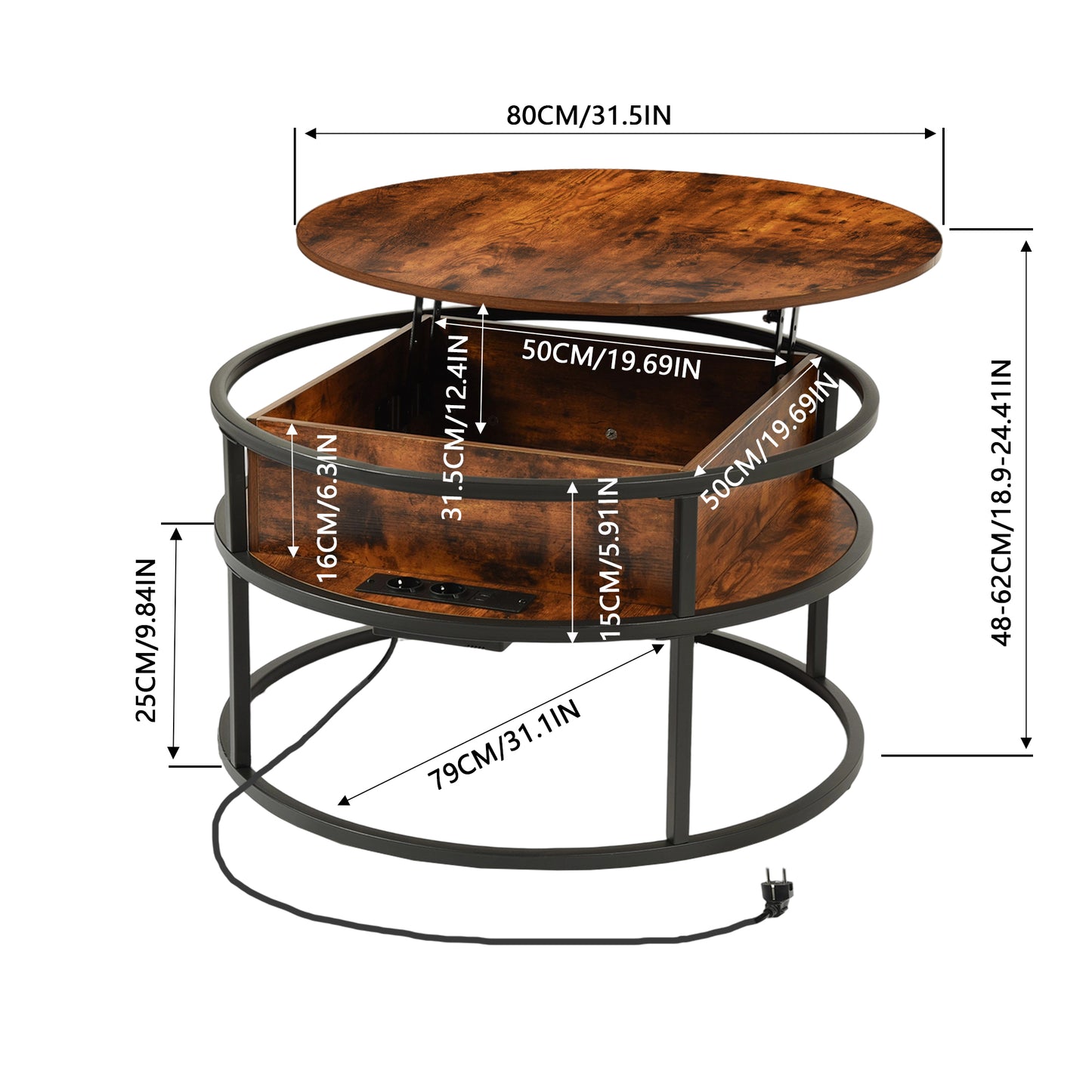 Lift-tafel Salontafel met Verborgen Compartment en Stopcontact