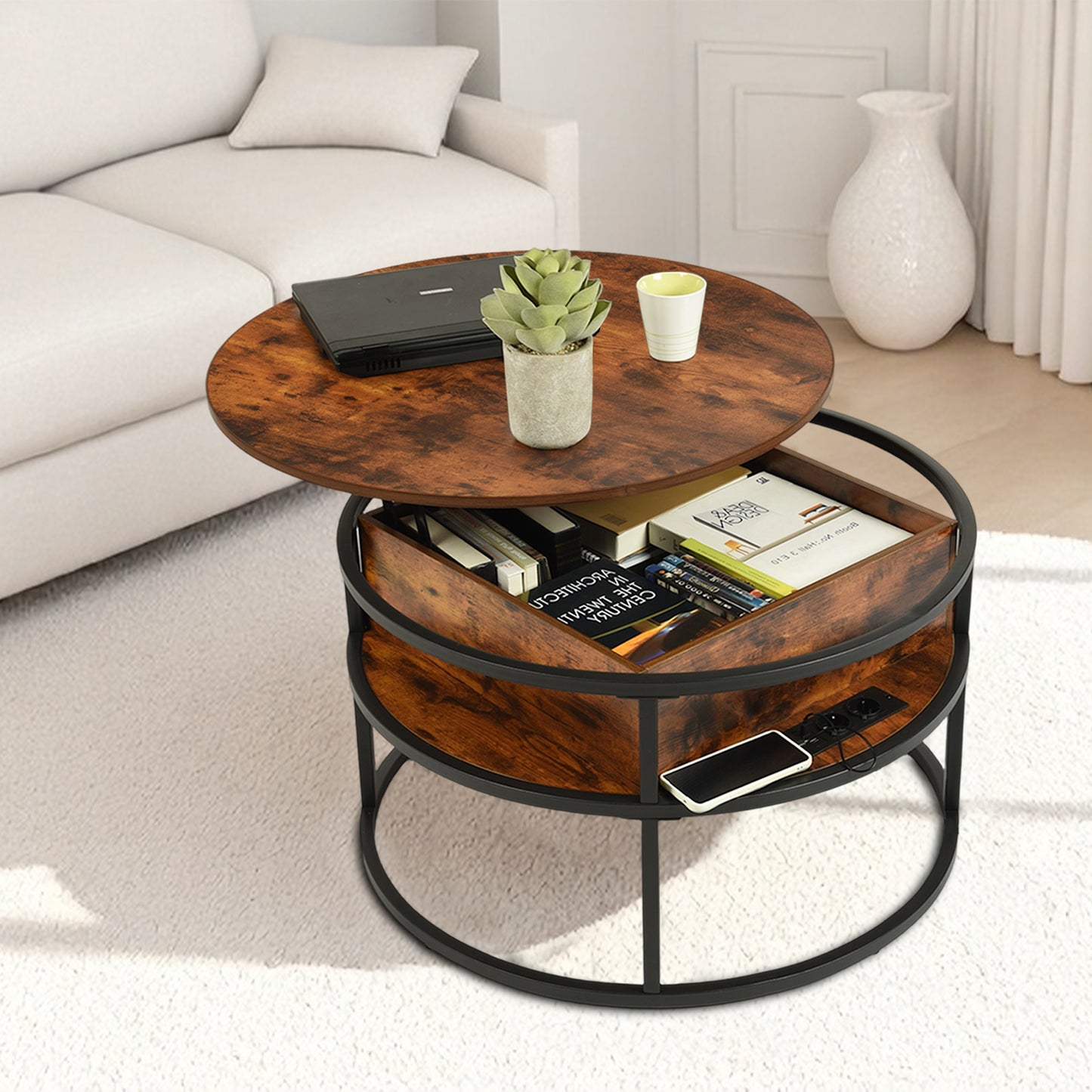 Lift-tafel Salontafel met Verborgen Compartment en Stopcontact
