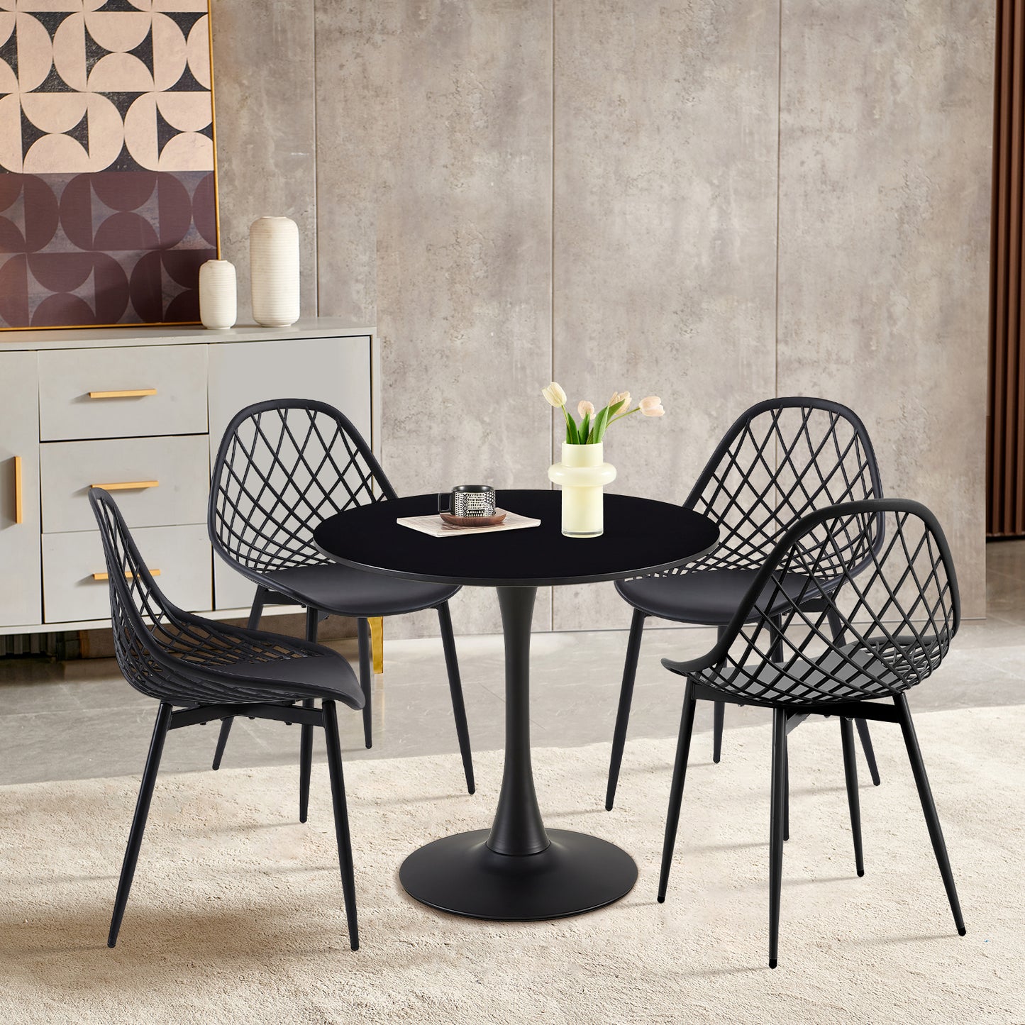 TULIP Ronde Eettafel zonder Kieren, 75 cm - Zwart/Wit/Marmereffect