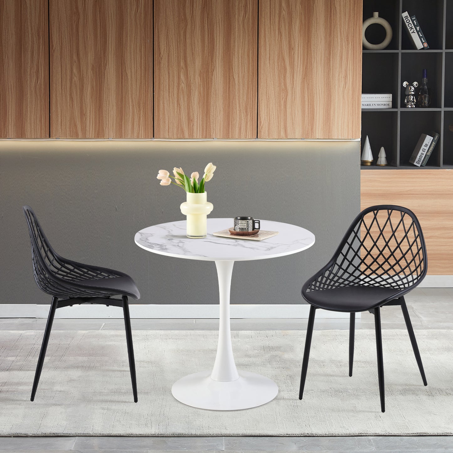 TULIP Ronde Eettafel zonder Kieren, 75 cm - Zwart/Wit/Marmereffect
