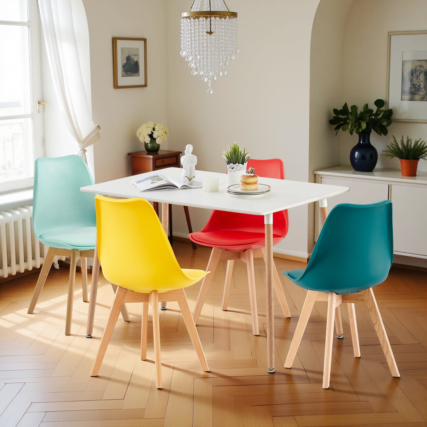 Moderne Tulp Eetkamerstoelen Set van 4 Kleurrijke Stoelen met Comfortabele Schuimkussens