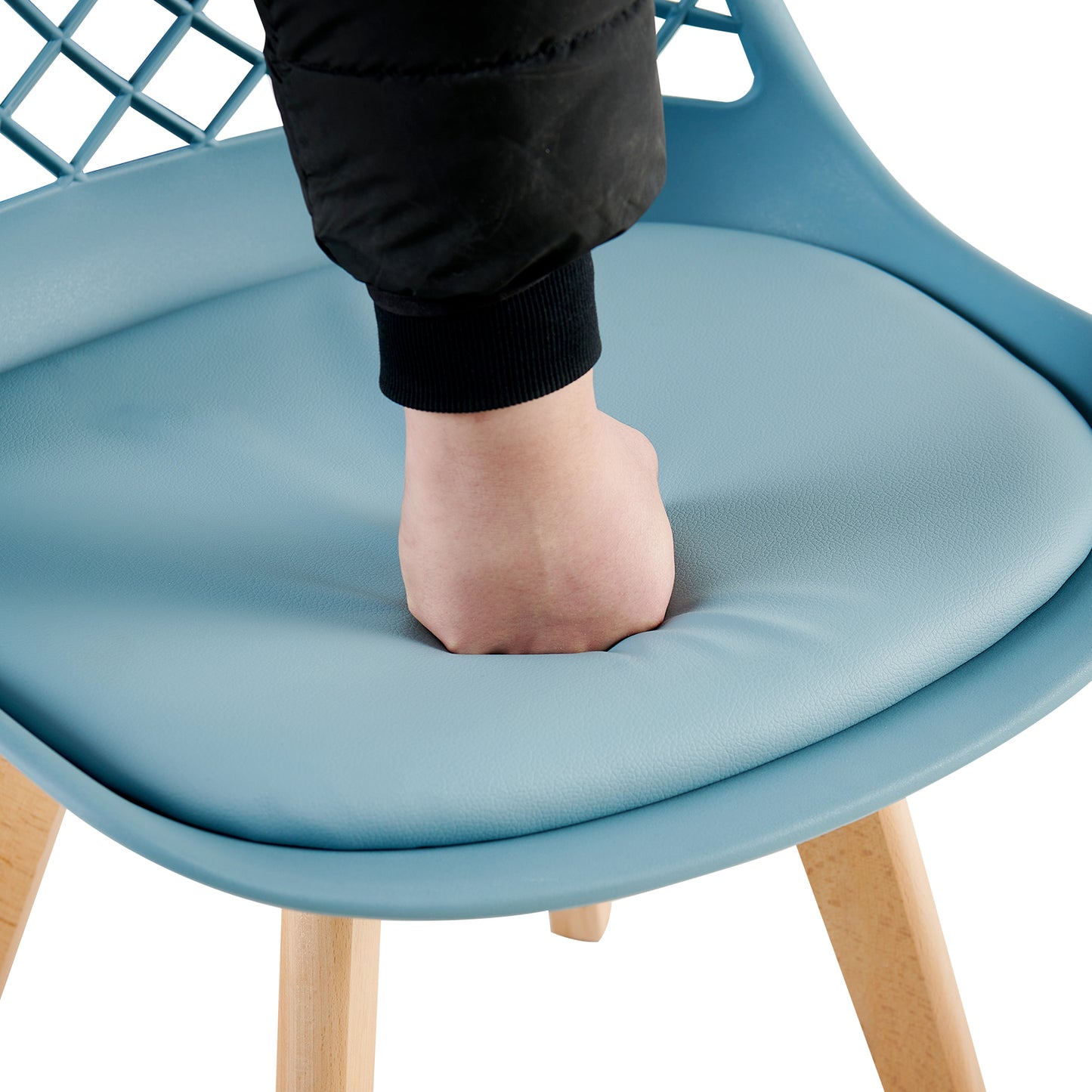 LEYDEN Moderne, door tulpen geïnspireerde eetkamerstoelen met opengewerkte rugleuning - Beukenhouten poten, set van 2/4 - Lichtgrijsblauw/ijsgroen