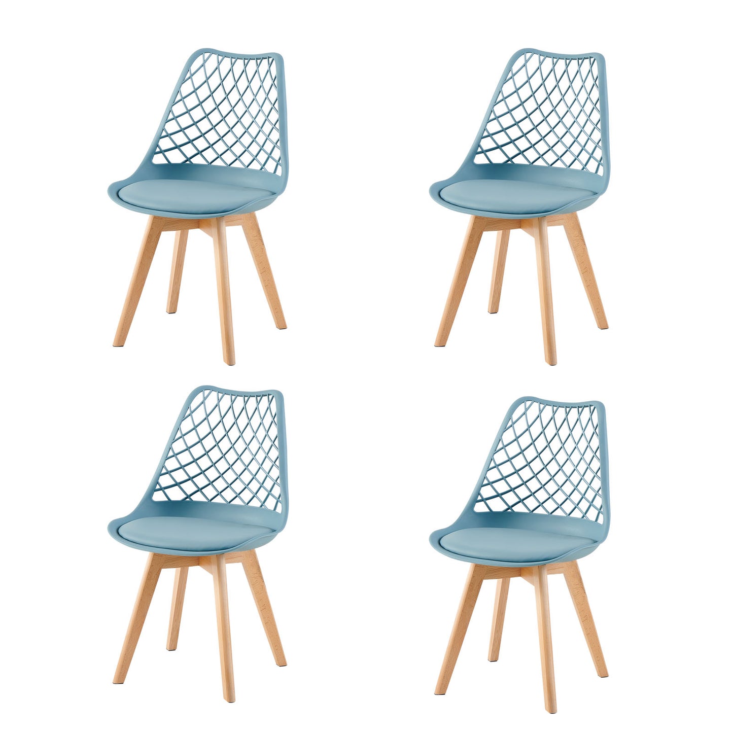 LEYDEN Moderne, door tulpen geïnspireerde eetkamerstoelen met opengewerkte rugleuning - Beukenhouten poten, set van 2/4 - Lichtgrijsblauw/ijsgroen