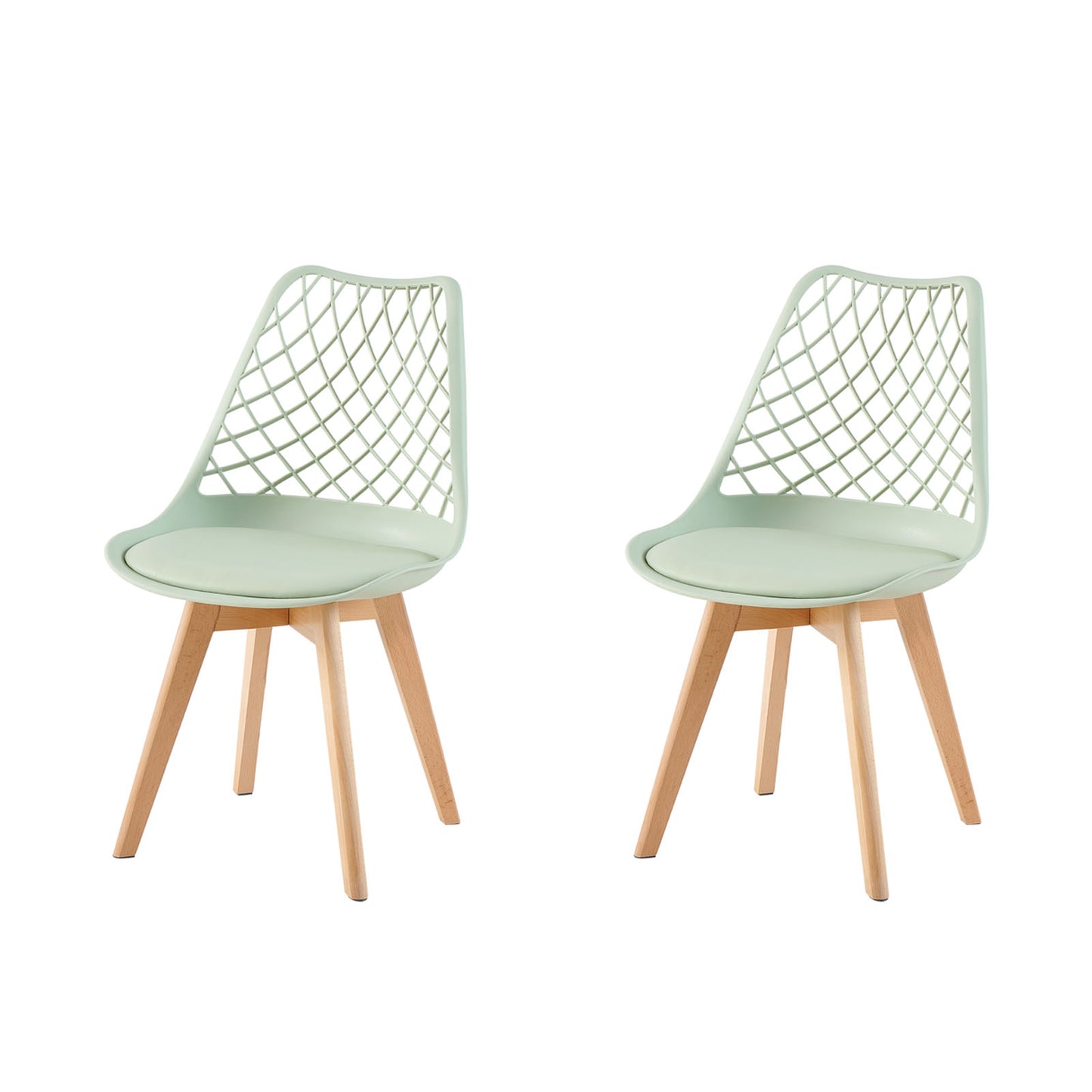 LEYDEN Moderne, door tulpen geïnspireerde eetkamerstoelen met opengewerkte rugleuning - Beukenhouten poten, set van 2/4 - Lichtgrijsblauw/ijsgroen