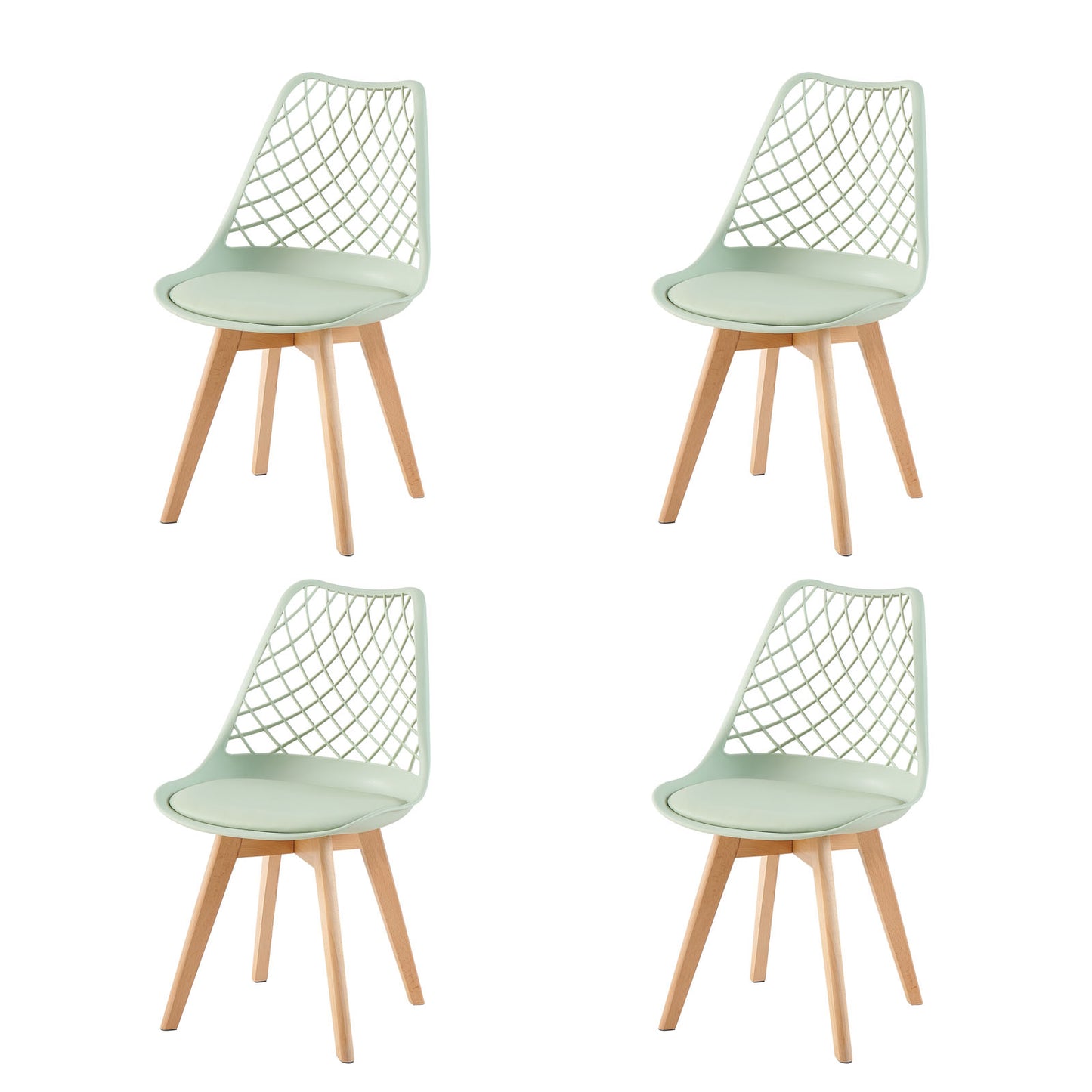 LEYDEN Moderne, door tulpen geïnspireerde eetkamerstoelen met opengewerkte rugleuning - Beukenhouten poten, set van 2/4 - Lichtgrijsblauw/ijsgroen
