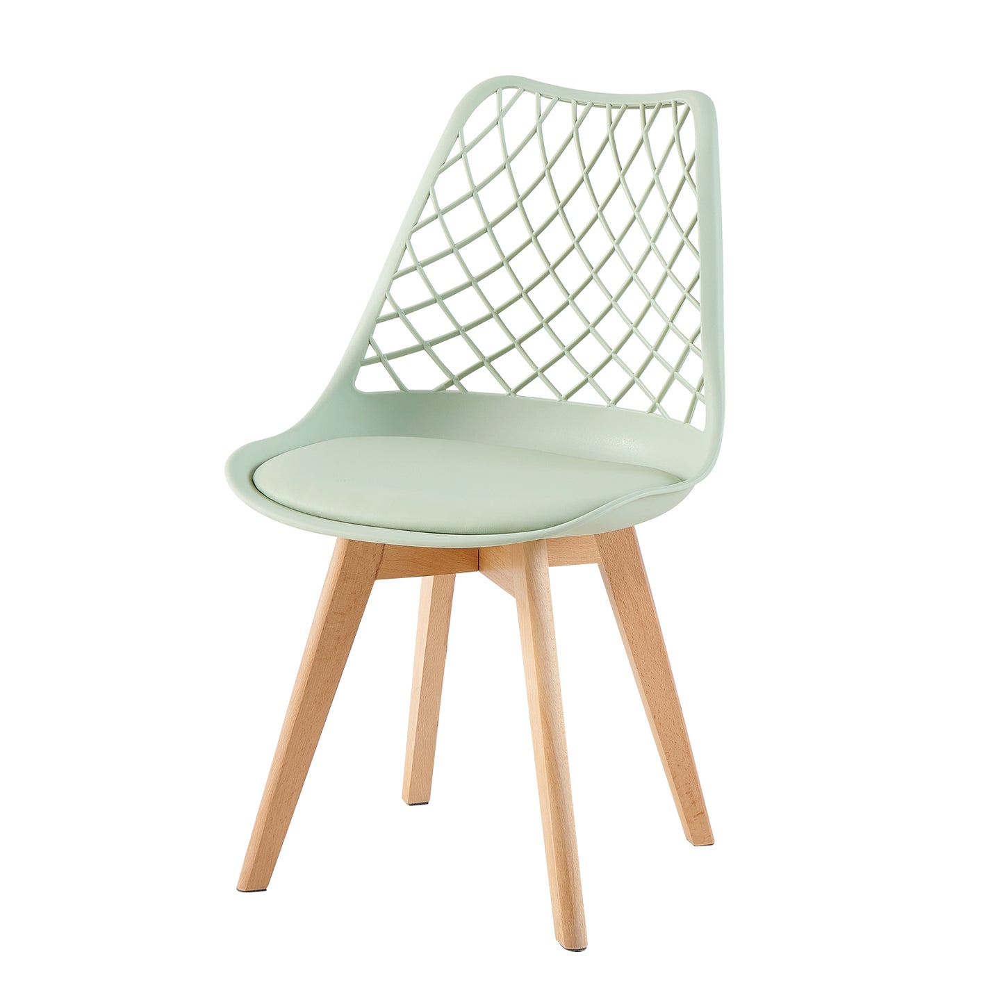 LEYDEN Moderne, door tulpen geïnspireerde eetkamerstoelen met opengewerkte rugleuning - Beukenhouten poten, set van 2/4 - Lichtgrijsblauw/ijsgroen