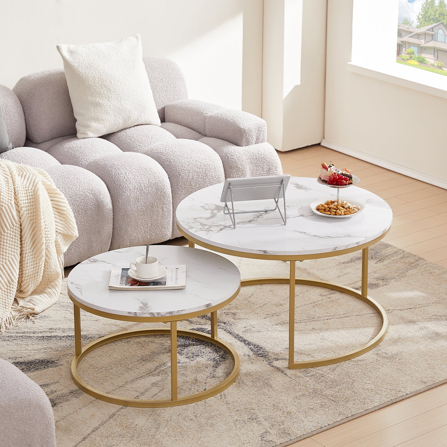 VARESE Nestbare salontafel Φ80*45cm/Φ60*35 - Bruin/MARMER Kleur