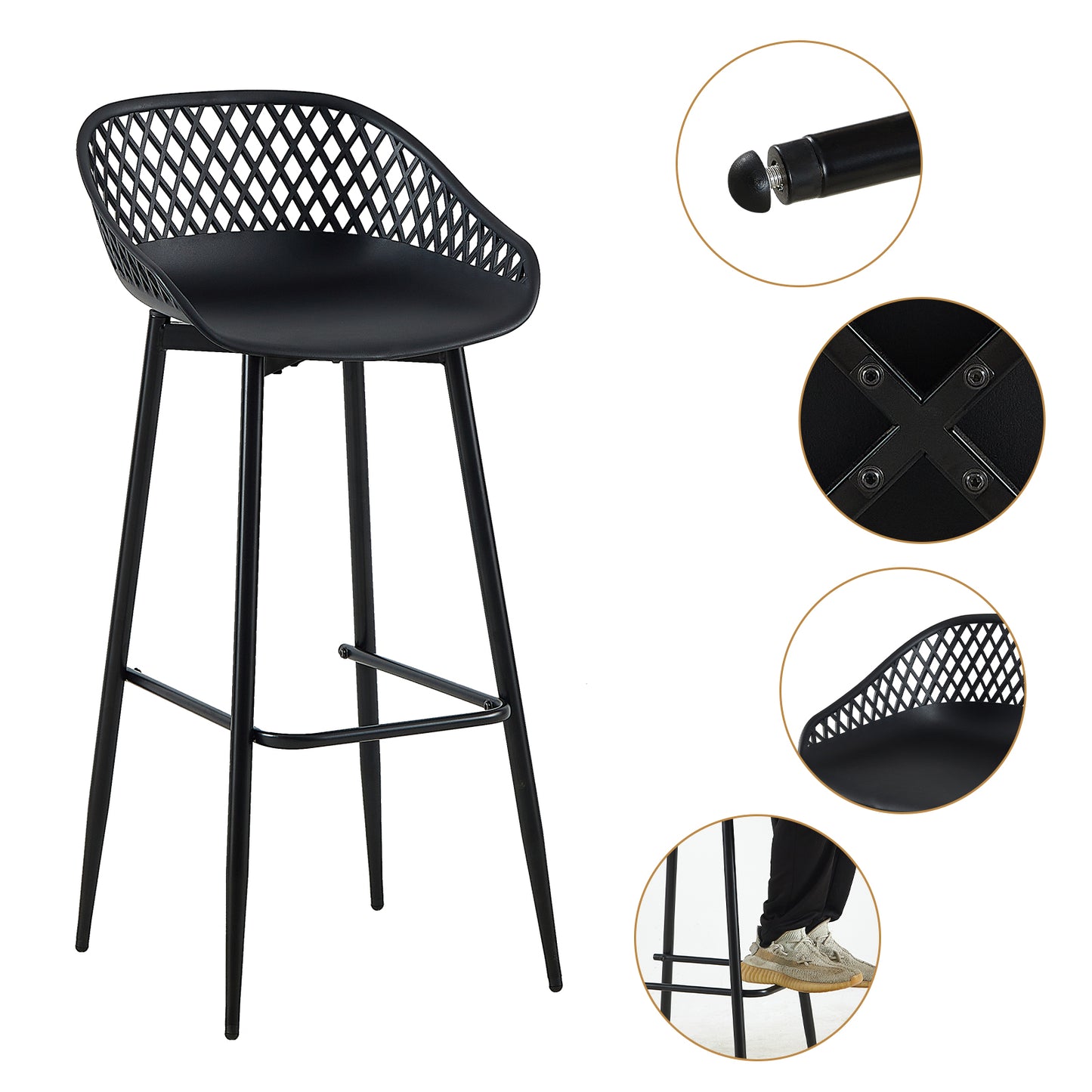 Moderne ijzeren barkruk in industriële stijl Ademende holle rugleuning Set van 4- Zwart/Wit