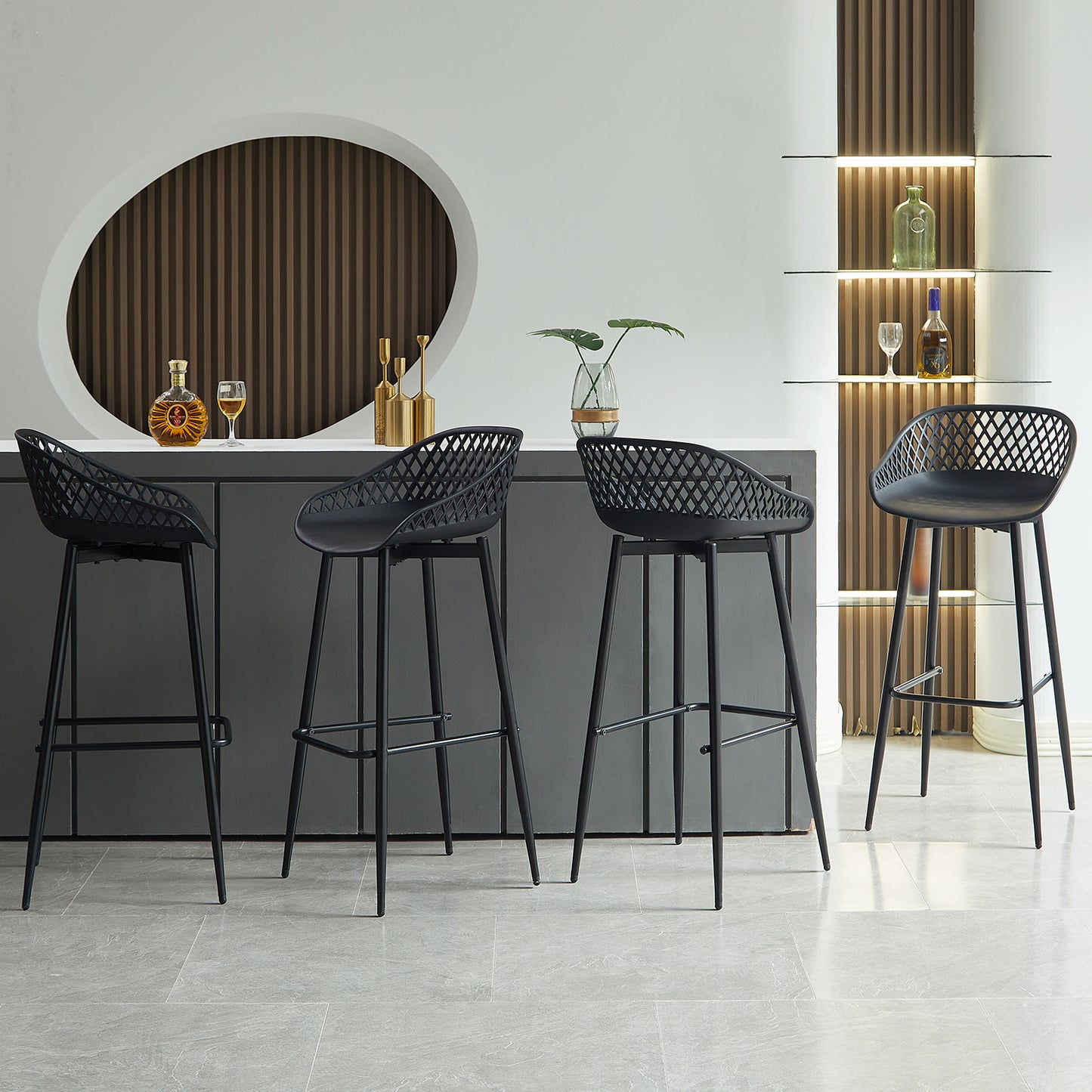 Moderne ijzeren barkruk in industriële stijl Ademende holle rugleuning Set van 4- Zwart/Wit