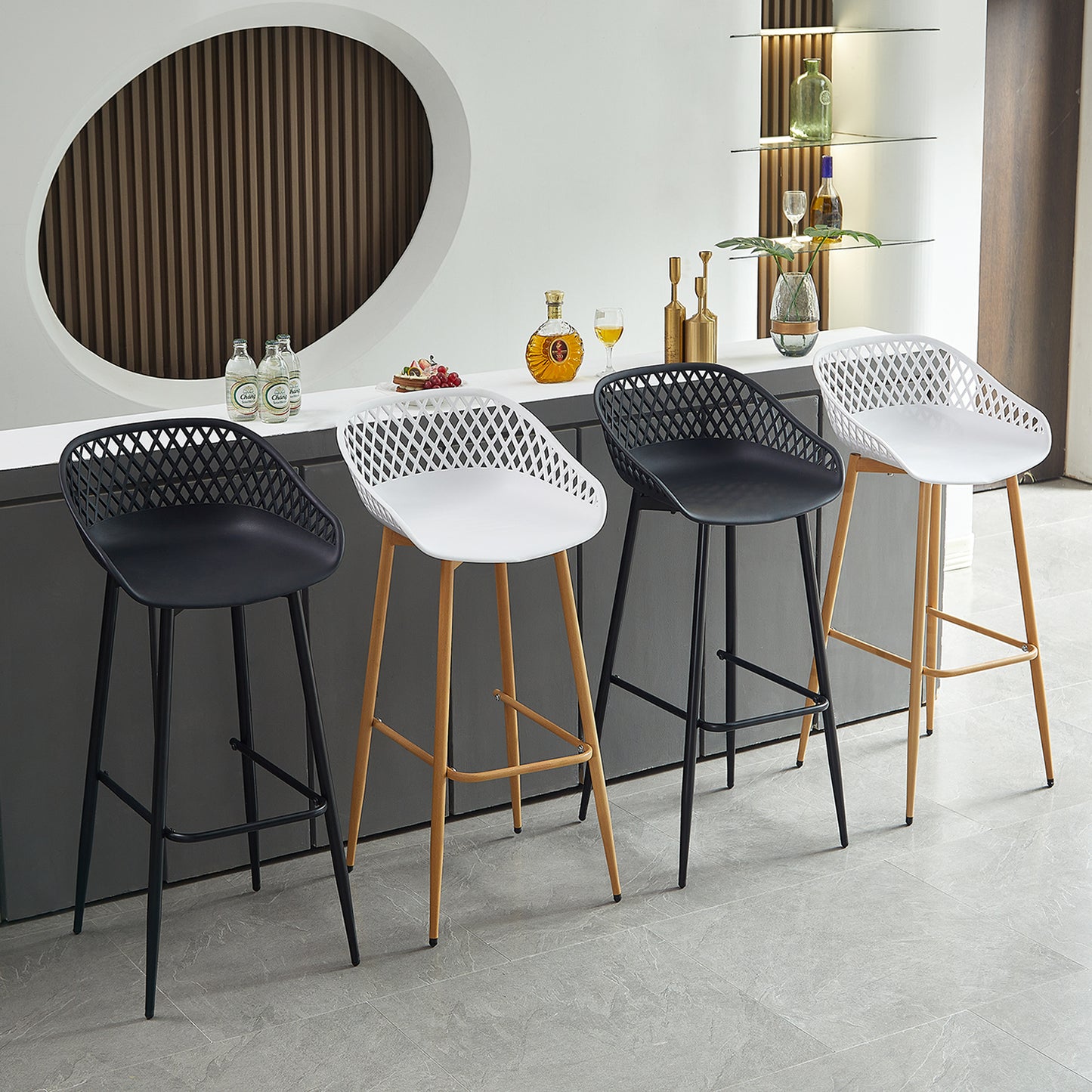 Moderne ijzeren barkruk in industriële stijl Ademende holle rugleuning Set van 4- Zwart/Wit