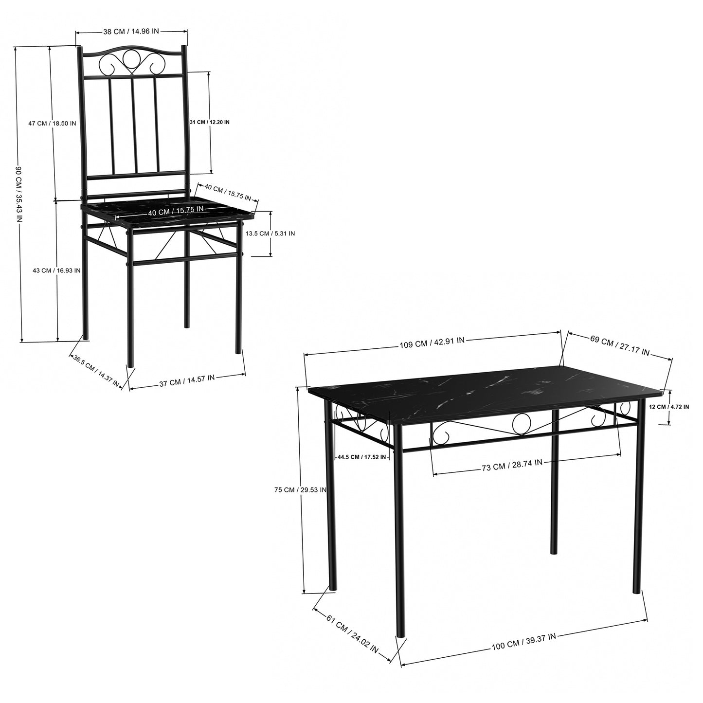 NORSEMAN Marmertafel en 4 stoelenset - Wit/Zwart/Lichtbruin
