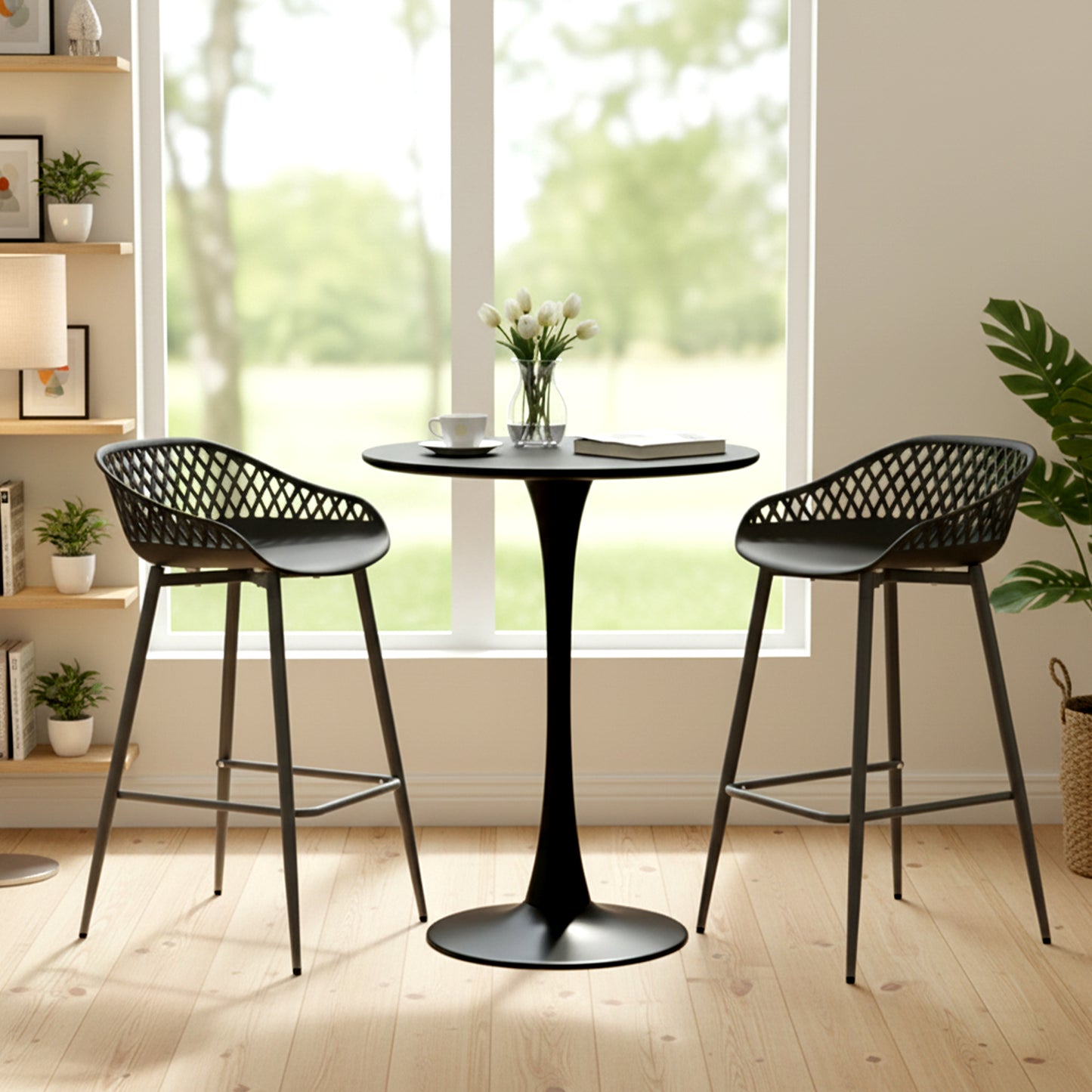 Moderne barkrukken van smeedijzer, 87 cm hoog, met opengewerkte rugleuningen, set van 4 - Zwart/Wit