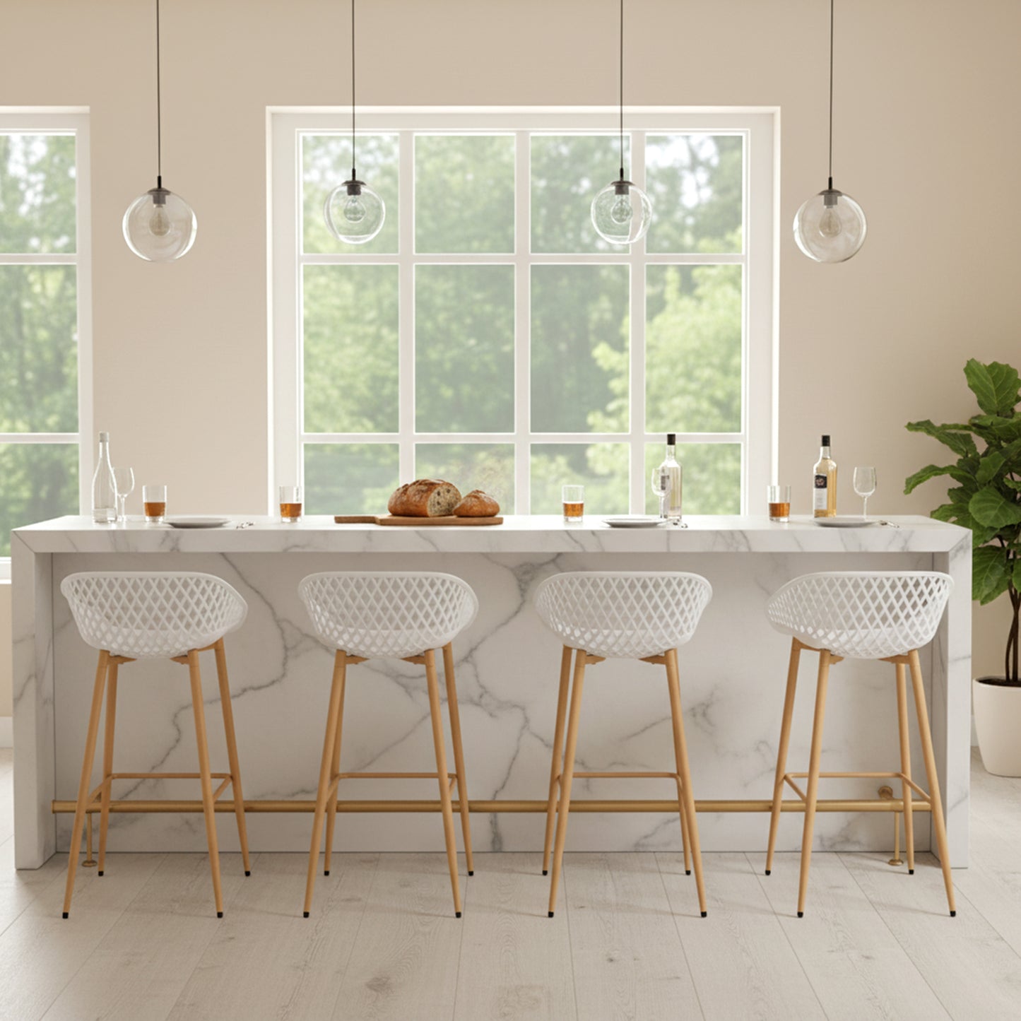 Moderne barkrukken van smeedijzer, 87 cm hoog, met opengewerkte rugleuningen, set van 4 - Zwart/Wit