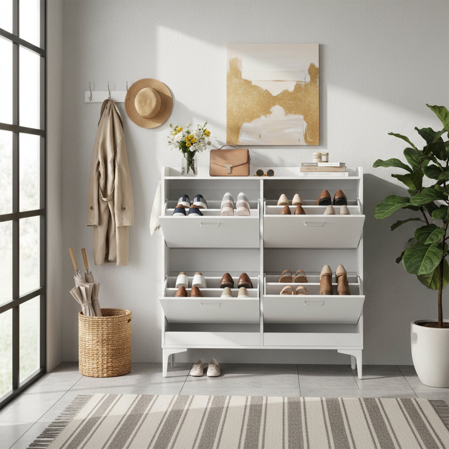 DURHAM Schoenenkast met 4 kleppen, schoenenrek 105x23x103 cm - Wit MDF