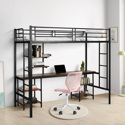 Twin Loft Bed met Bureau en Boekenplank - Zwart - ESOFEA