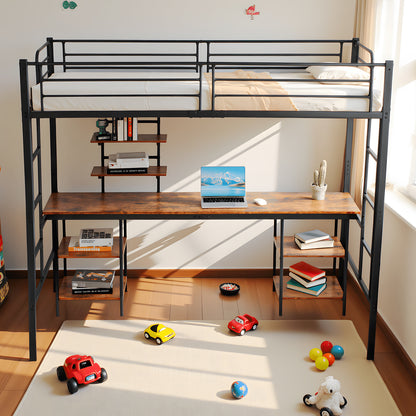 Twin Loft Bed met Bureau en Boekenplank - Zwart - ESOFEA