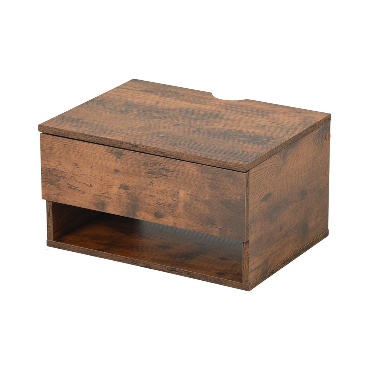 Tweedelig nachtkastje met lades en planken, wit en vlammenhout