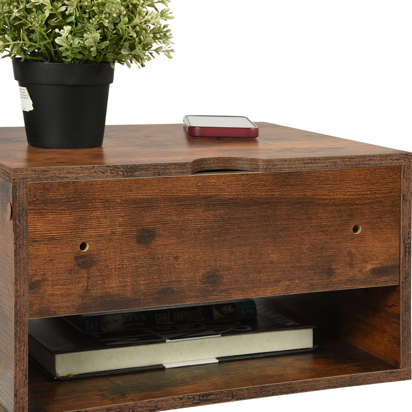 Tweedelig nachtkastje met lades en planken, wit en vlammenhout