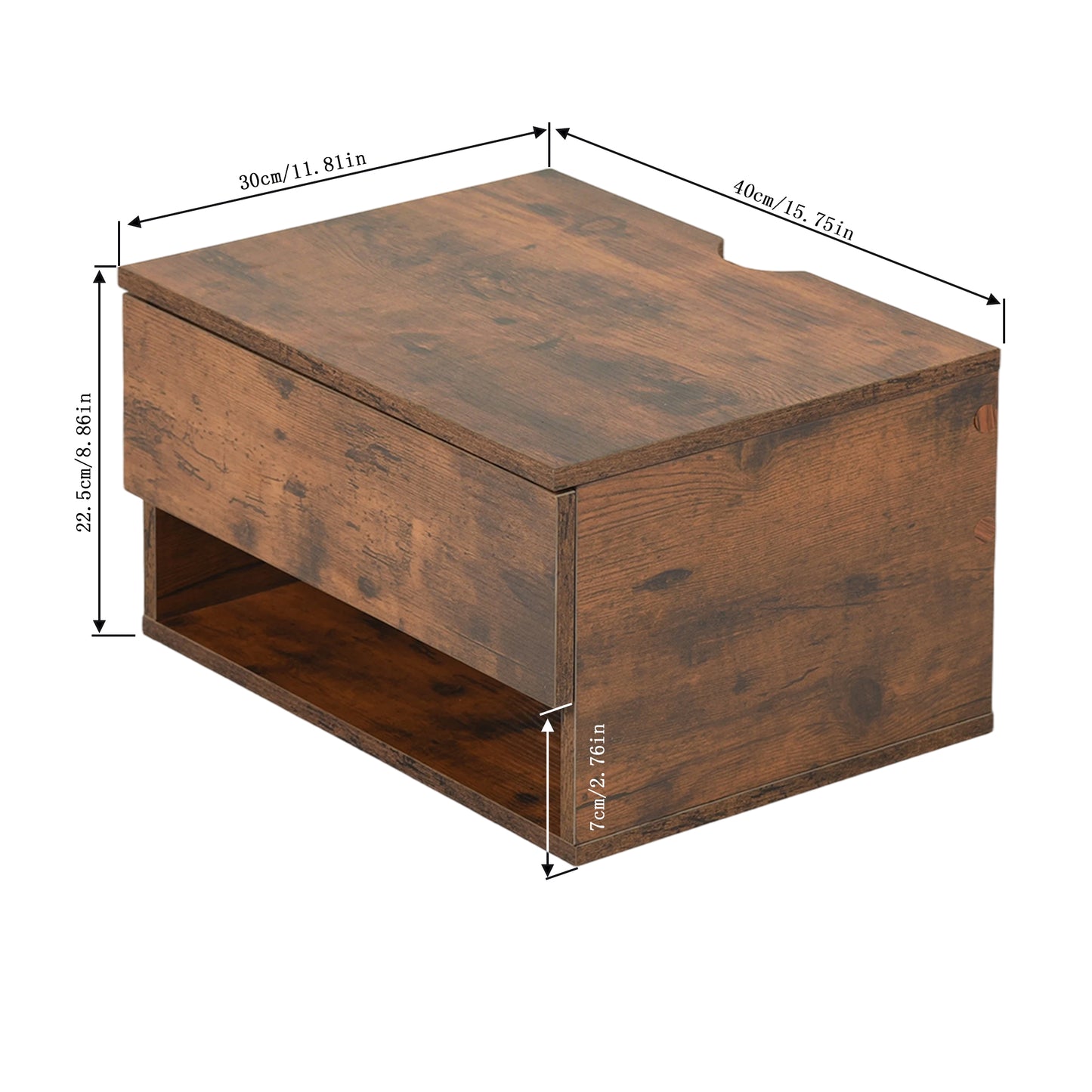 Tweedelig nachtkastje met lades en planken, wit en vlammenhout