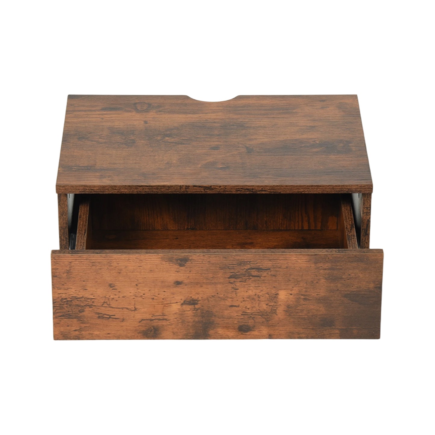 Tweedelig nachtkastje met lades en planken, wit en vlammenhout