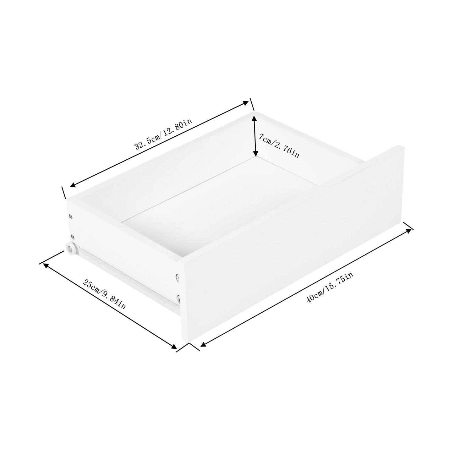 Tweedelig nachtkastje met lades en planken, wit en vlammenhout