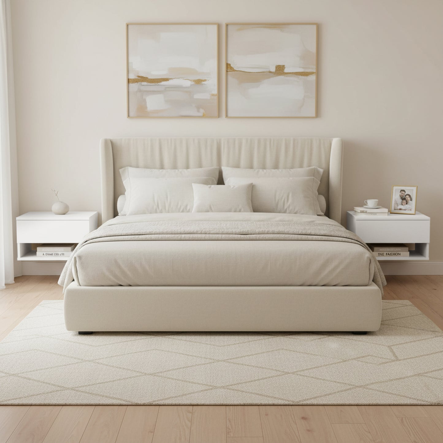 Tweedelig nachtkastje met lades en planken, wit en vlammenhout